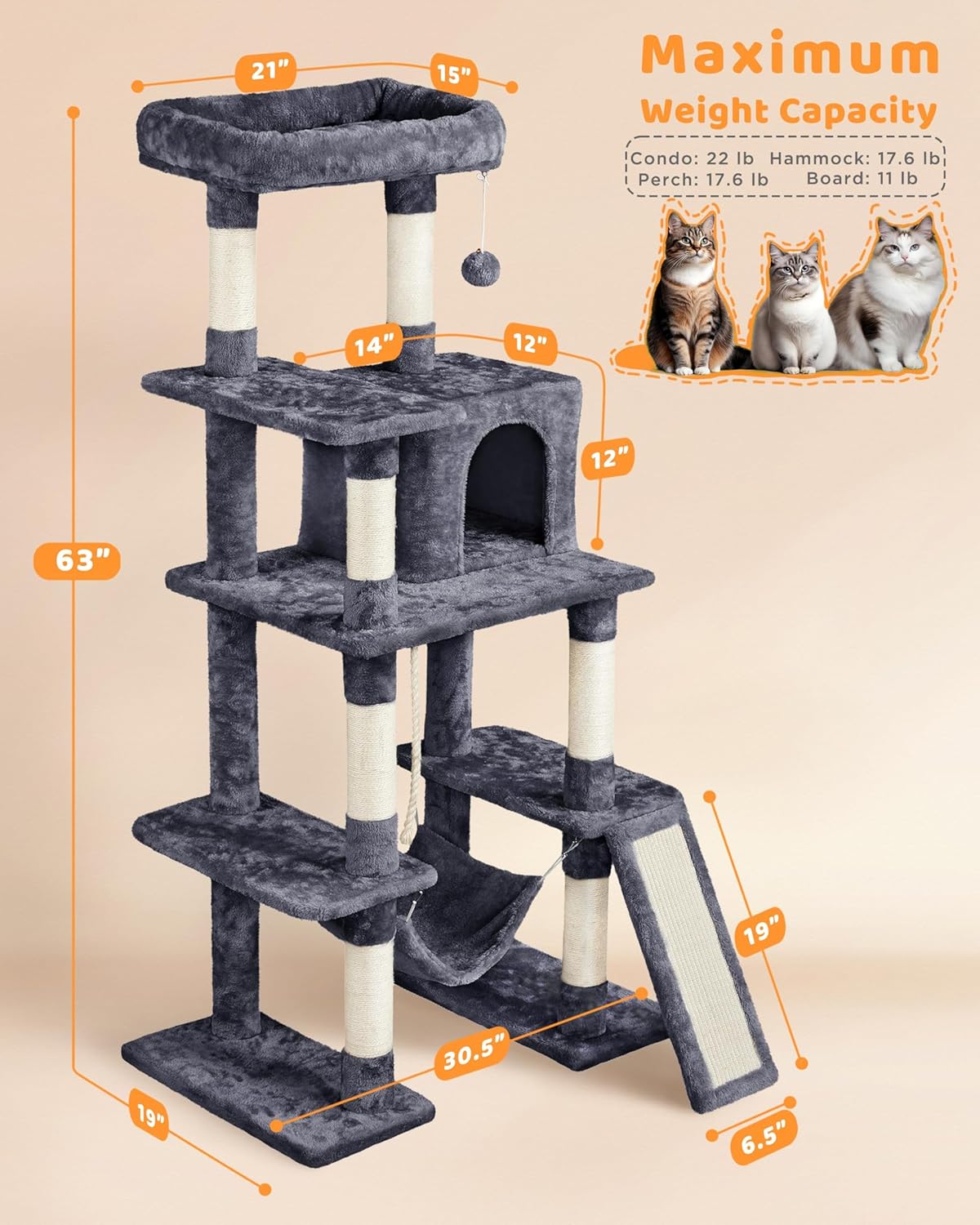 Yaheetech Large Multi-Level Cat Tree, 63 Inches Tall with Sisal-Covere