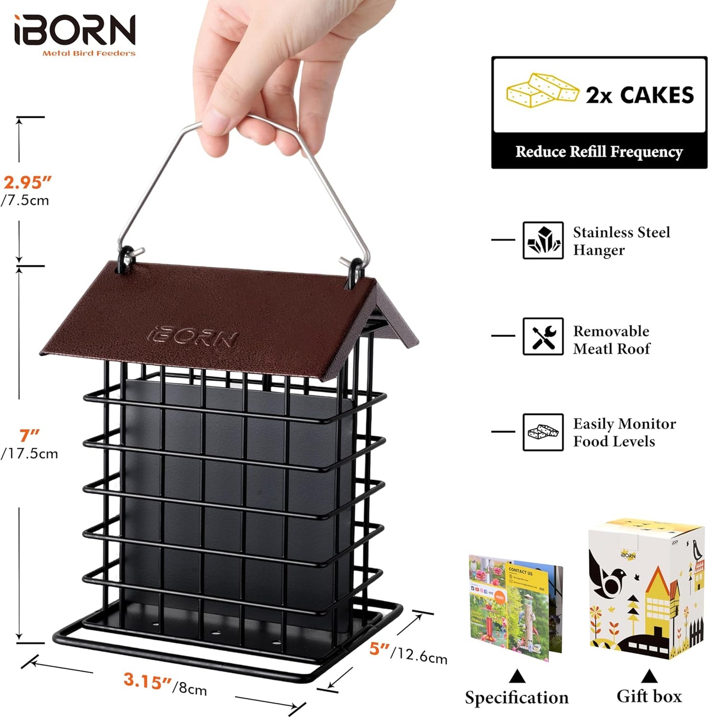 iBorn Suet Feeder for Outside Hanging,Suet Bird Feeders for Outdoors,Suet Holder With Squirrel Proof Hanger Hook,Suet Cage Bird Feeder,Woodpecker Feeder,Weatherproof Metal Roof,All Metal,1 Pack,Coffee