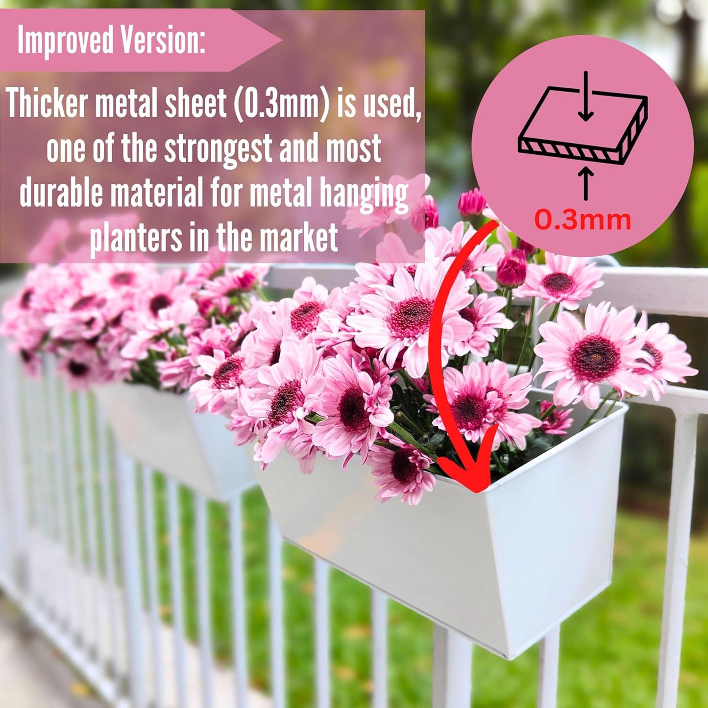 LaLaGreen Rail Planter Box (4 Pack, 16 Inch) Large White Metal Hanging Flower Pots, Rectangle Outdoor Strawberry Plant Holder Window Balcony Deck Railing Fence Minimalist Farmhouse Countryside Style