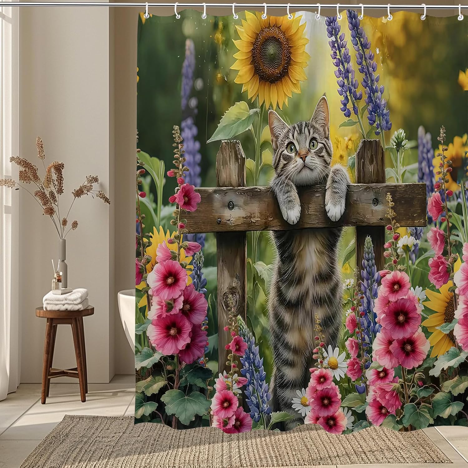 Funny Cat Shower Curtain Flower Sunflowers Helenium Cute Kitten,Spring