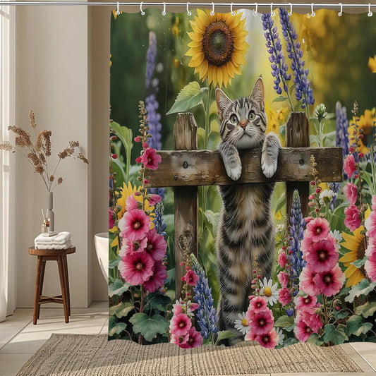 Funny Cat Shower Curtain Flower Sunflowers Helenium Cute Kitten,Spring