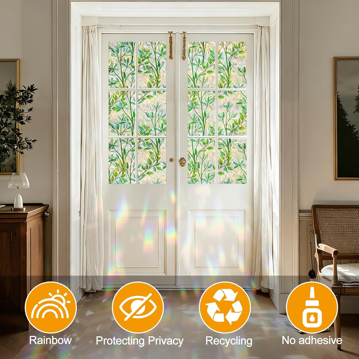 Window Privacy Film Stain Glass Window Film Rainbow Window Film Window clings Non-Adhesive Reusable Decorative for Room (Leaf Rainbow, 17.5 x 78.7 in)