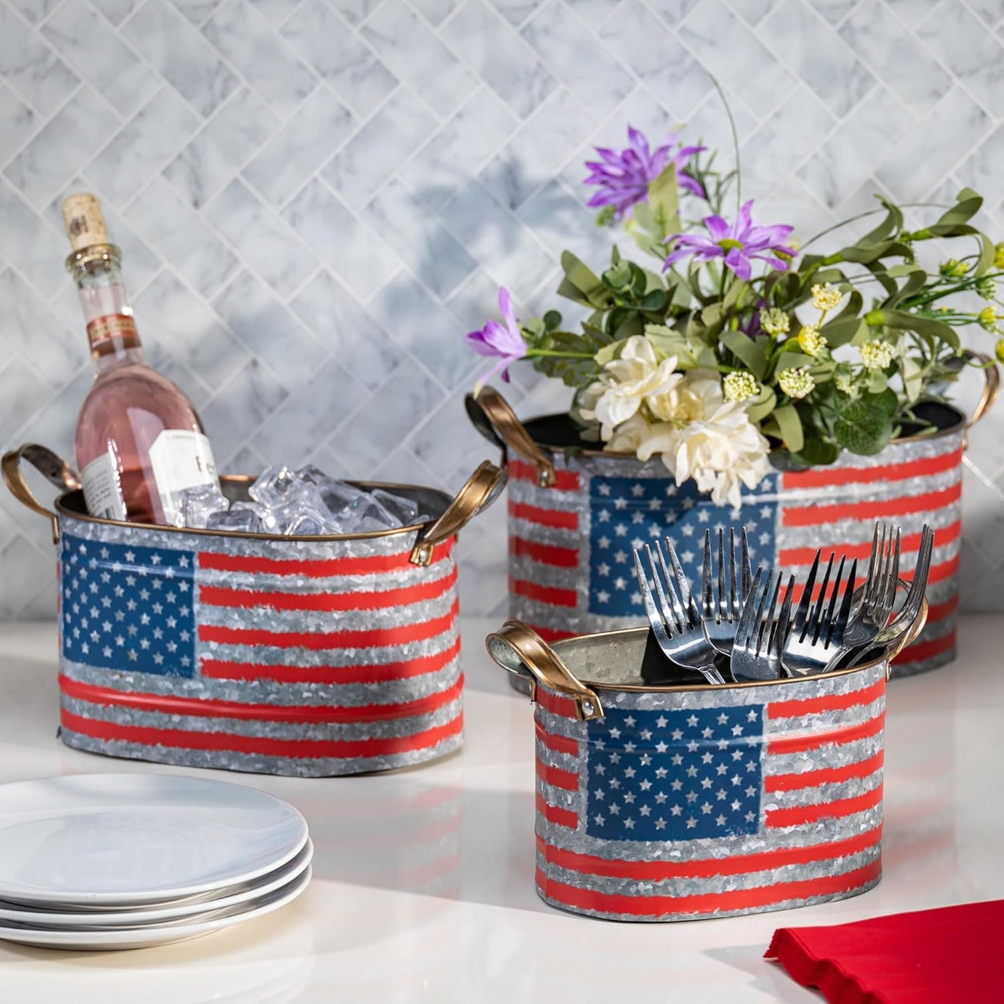 One Holiday Way Set of 3 Oval Nesting American Flag Decorative Metal B