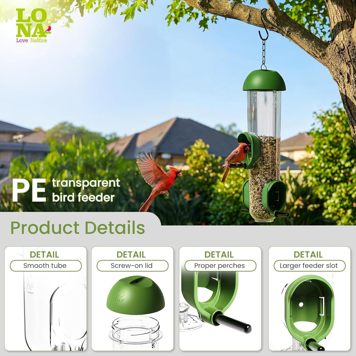 LONA Bird Feeders for Outdoors, Tube Feeder Weatherproof with Multiple Hanging Methods, Wild Bird Feeding Silo for Outside, 3 Port