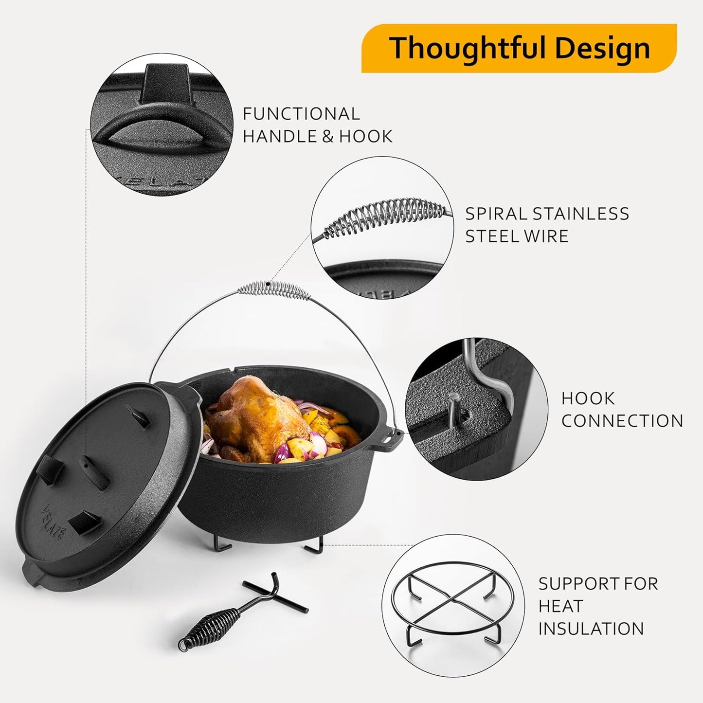 Velaze 10QT Camping Dutch Oven, Pre-Seasoned Cast Iron Camp Dutch Oven