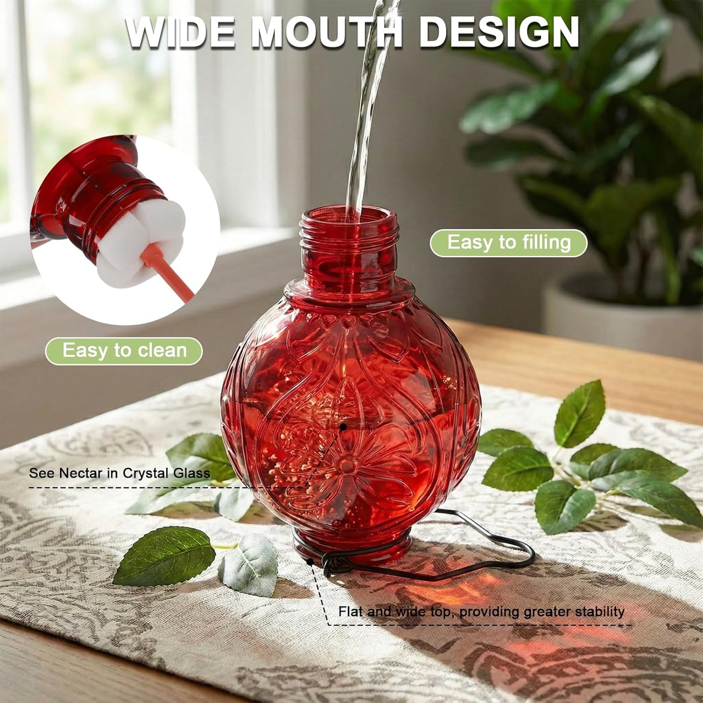 Glass Hummingbird Feeder for Outdoors Hanging, 25Oz Humming Bird Necta