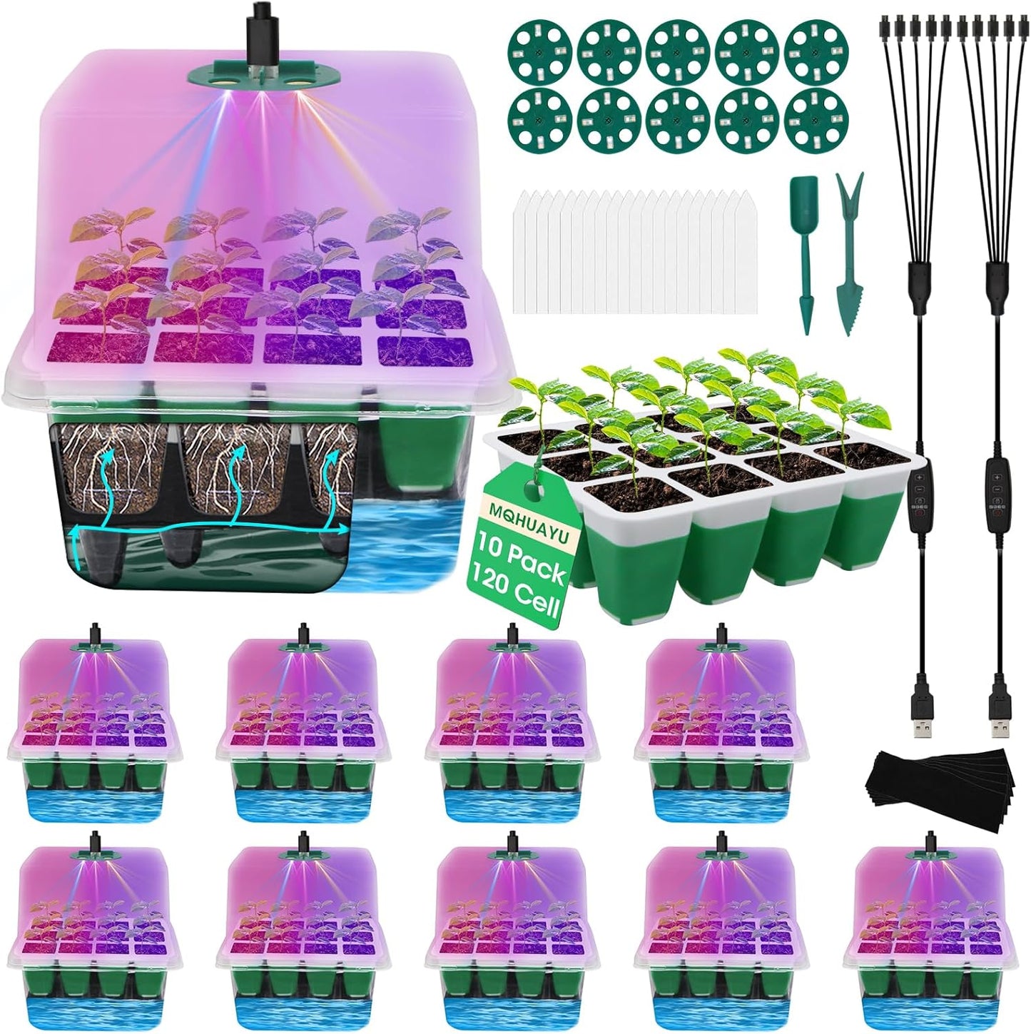 Self Watering Seed Starter Tray with Grow Light, 10-Pack 120-Cell Reus