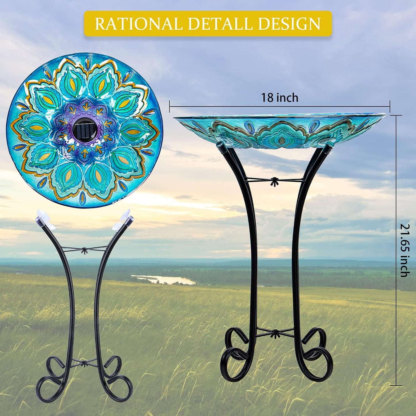 Glass Bird Bath Outdoor with Metal Stand for Lawn Yard Garden Decor Solar Large BirdBath Peacock Bird Feeder