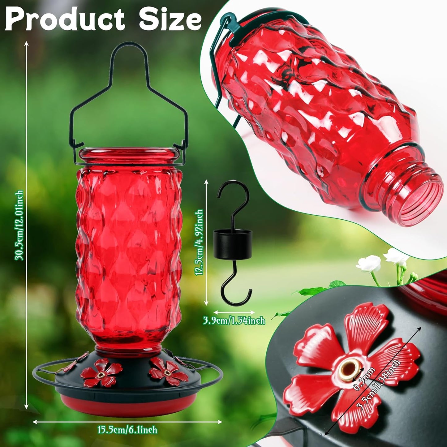 Glass Hummingbird Feeders for Outdoors - 25 OZ Red Humming Bird Hanging Nectar Feeder with 5 Feeding Port Ant Moat for Garden Tree Wildlife Backyard, Birder Ideal Gift for Women Men