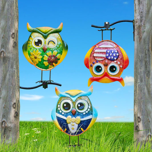 Owl Garden Decor for Outside, 3 Pack Metal & Glass Owl Yard Art, Lawn 