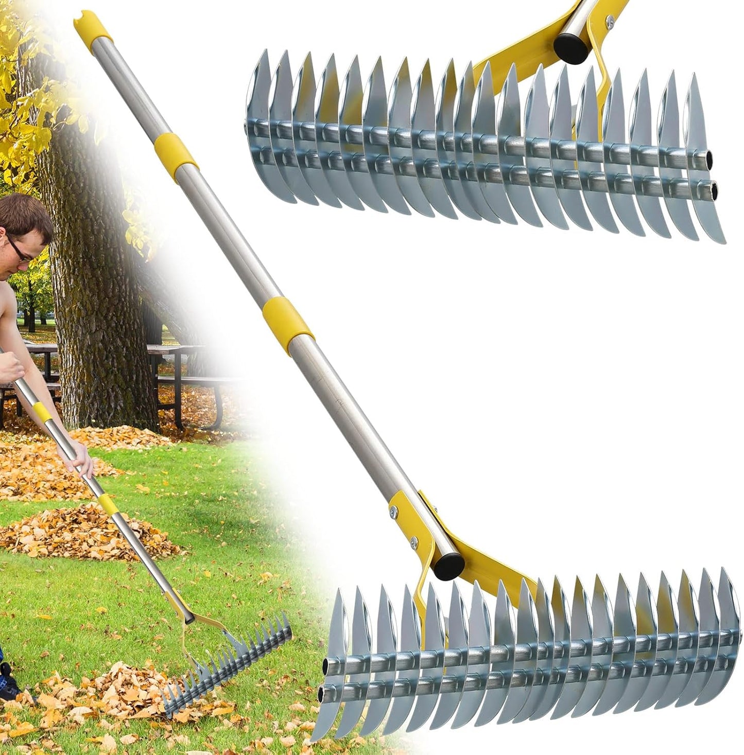 2-in-1 Thatch Rake for Lawn 55" Long Stainless Steel Thatching Rake wi