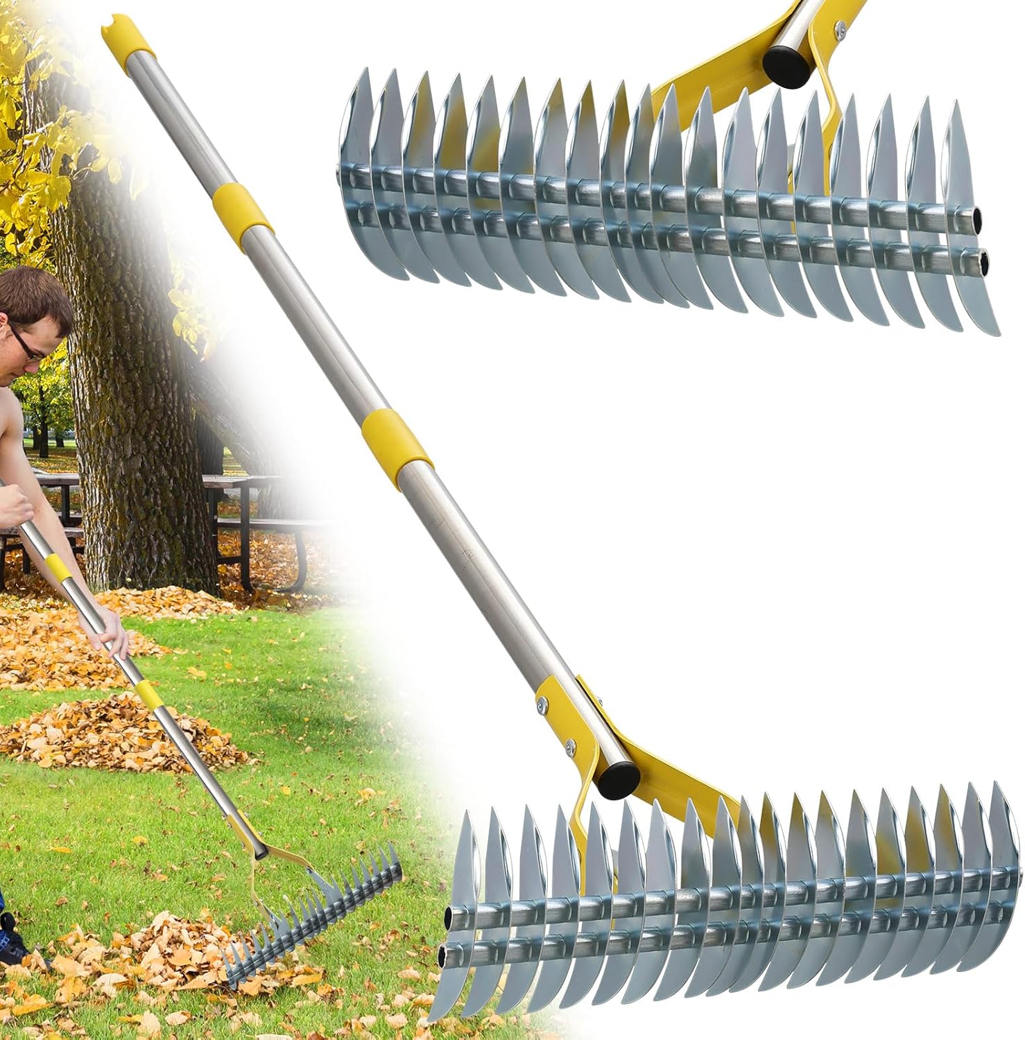 2-in-1 Thatch Rake for Lawn 55" Long Stainless Steel Thatching Rake wi