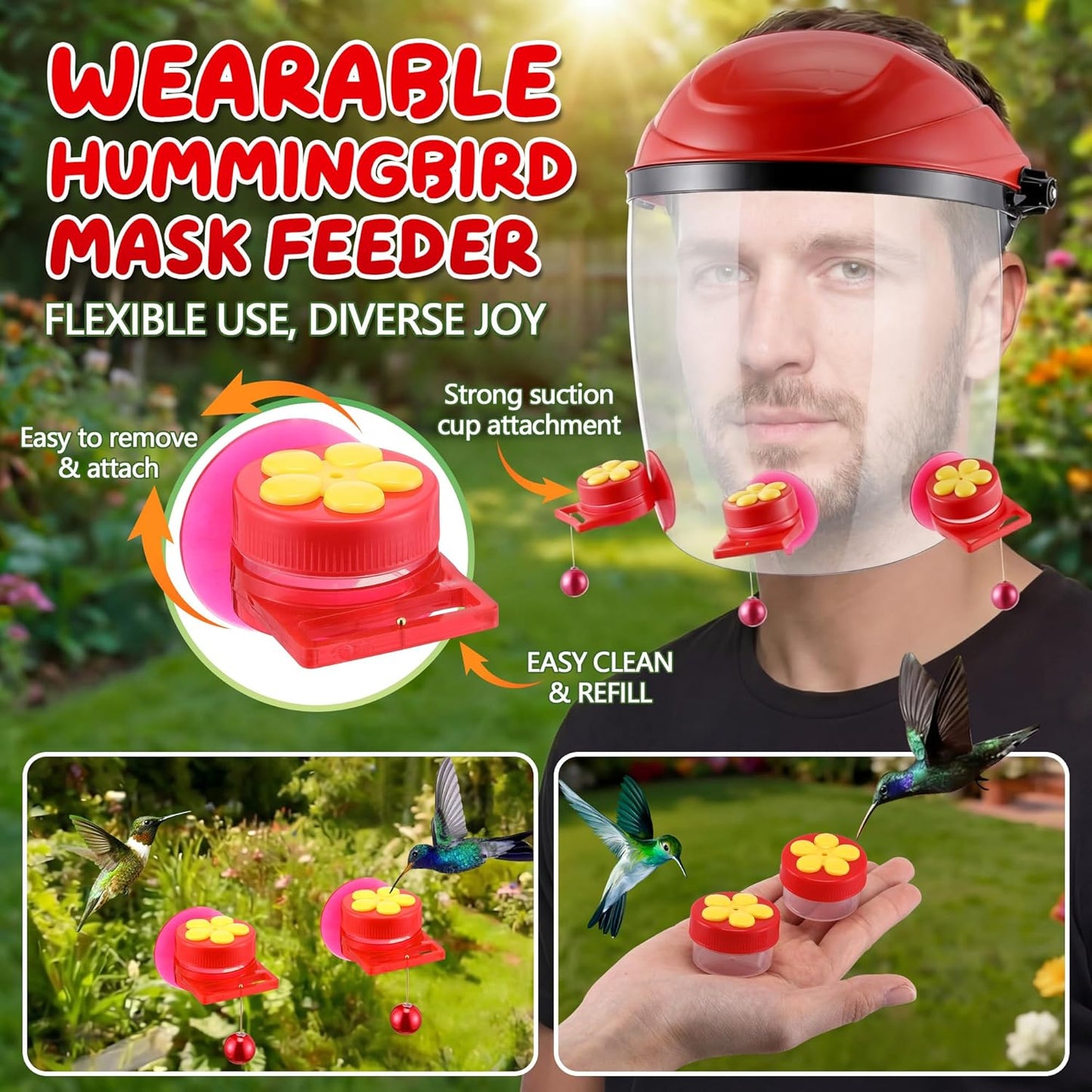 Saillong 2 Pack Upgraded Hummingbird Feeder Helmet, Wearable Hummingbird Mask Feeders Hat with 6 Feeding Ports & Round Nectar Box, Adjustable Bird Feeder Hat for Garden Patio Outside Outdoor Yard