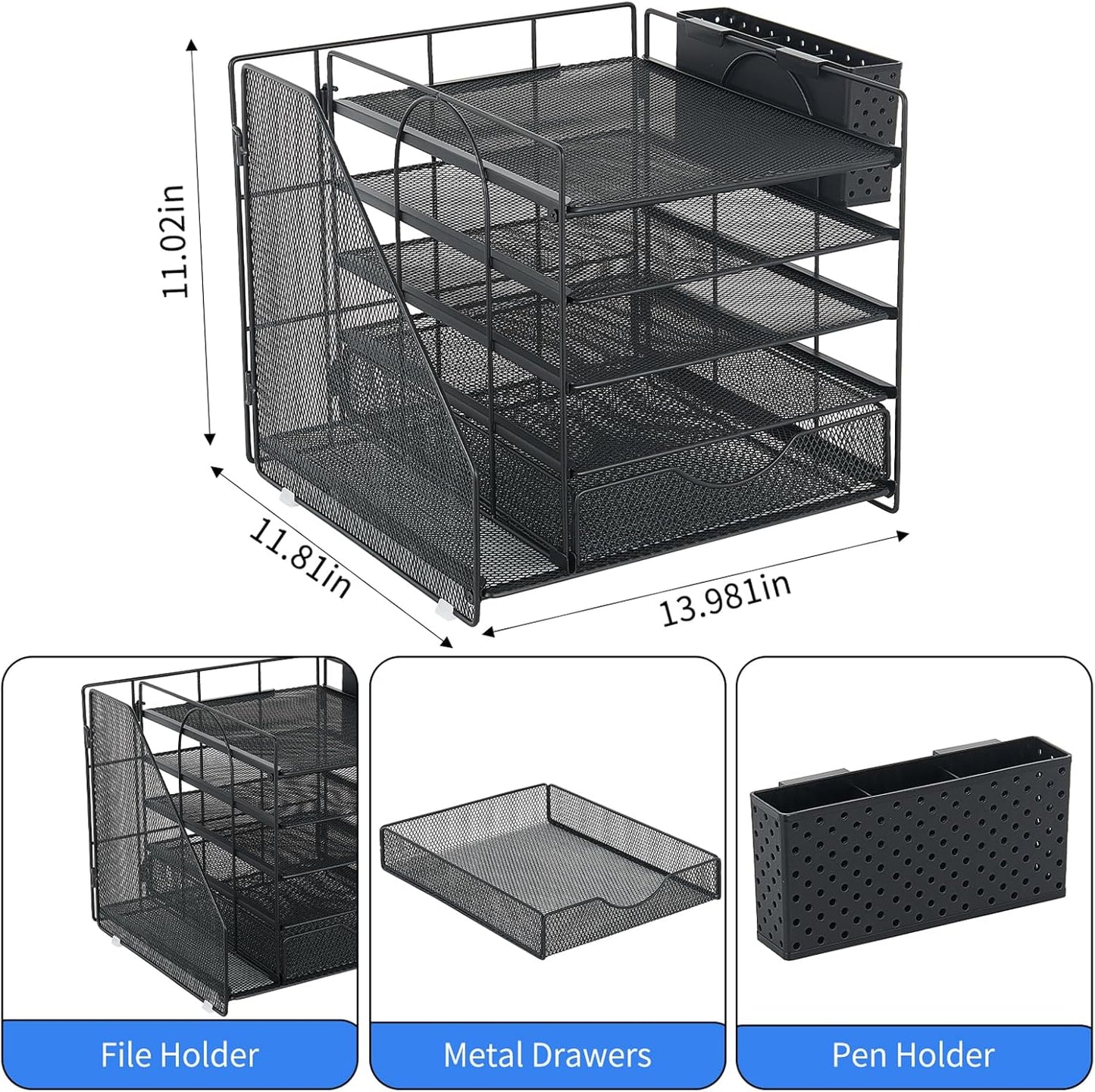 Desk Organizer with Drawer and Pen Holder, 5-Tier Paper Letter Tray Or