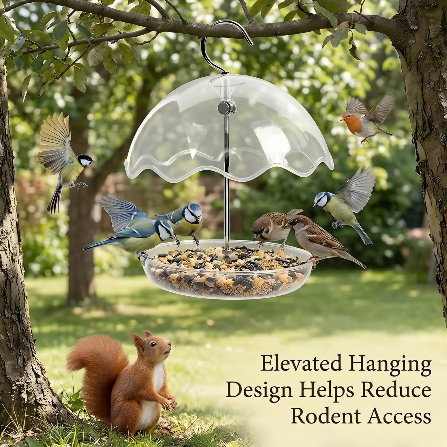 Hanging Platform Bird Feeder with Rain Shield, Adjustable Outdoor Seed Tray Feeder with Clear Dome, Large Capacity Plastic Bird Feeder for Wild Birds, Garden Porch Balcony