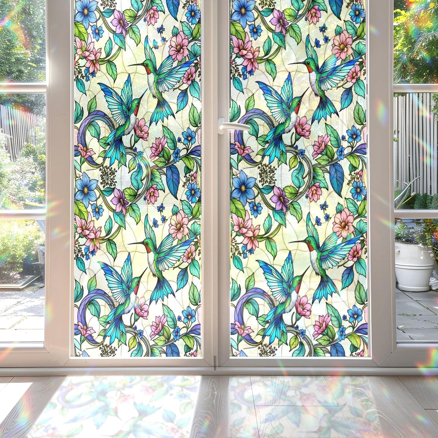 2PCS 17.7x39.4inch Hummingbird Stained Glass Window Film, Hummingbird Stained Glass Window Film for Bathroom Door Heat Anti UV