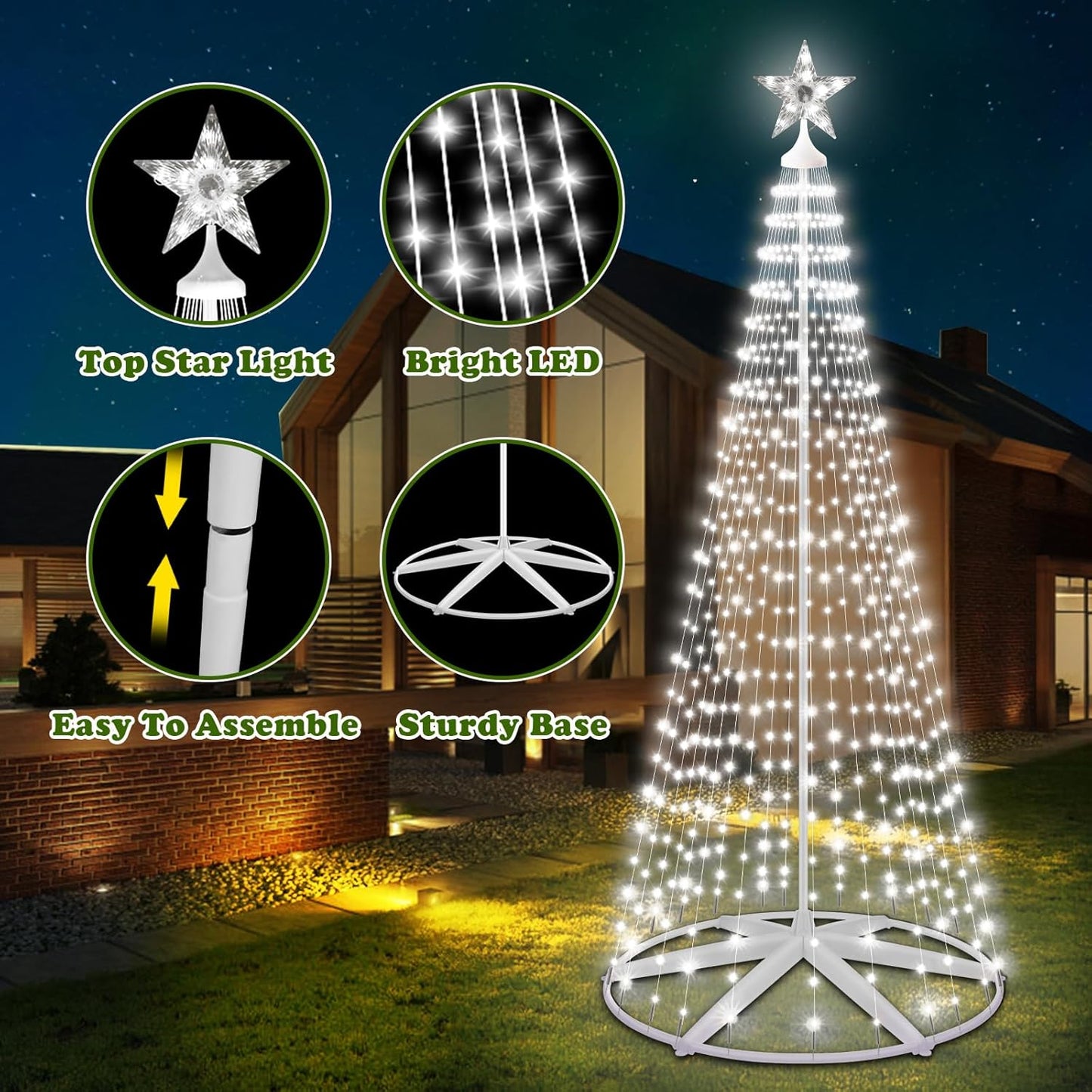 Outdoor Solar Christmas Cone Tree Lights, 8ft 444 LED Christmas Tree LightShow with 8 Modes Timer Remote, Lighted Artificial Tree USB Charge for Xmas Yard Porch Patio Party Holiday Decor, Cold White