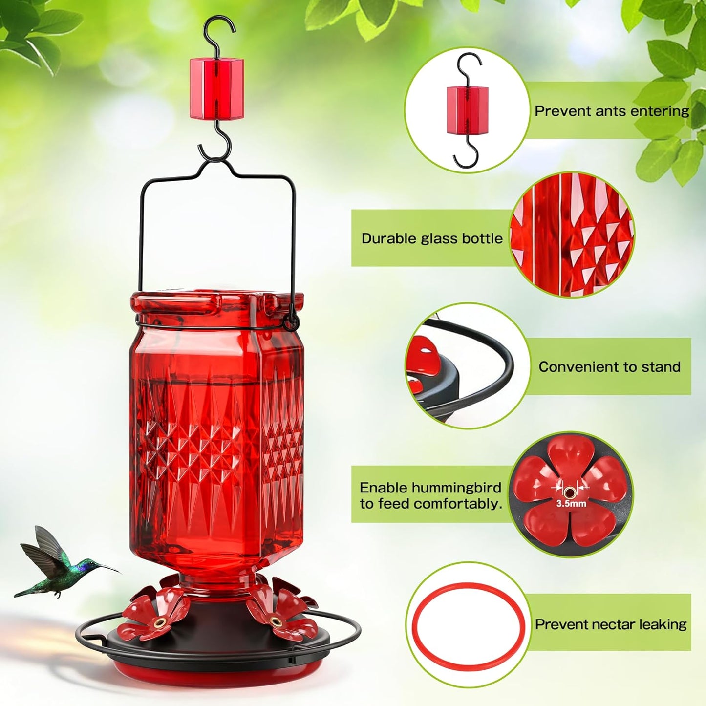 20oz Glass Hummingbird Feeder for Outdoors Hanging, Bird Nectar Feeder