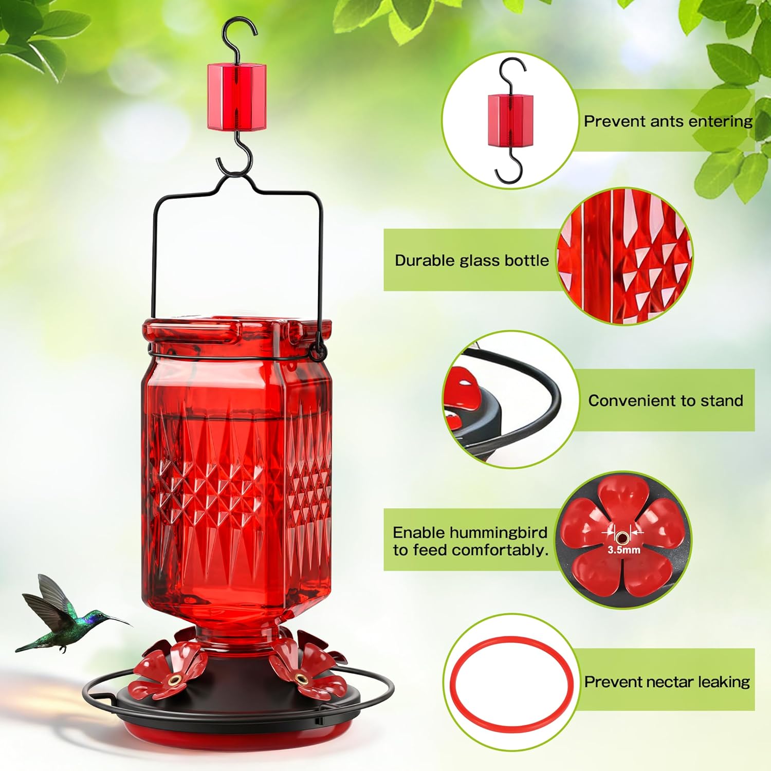 20oz Glass Hummingbird Feeder for Outdoors Hanging, Bird Nectar Feeder