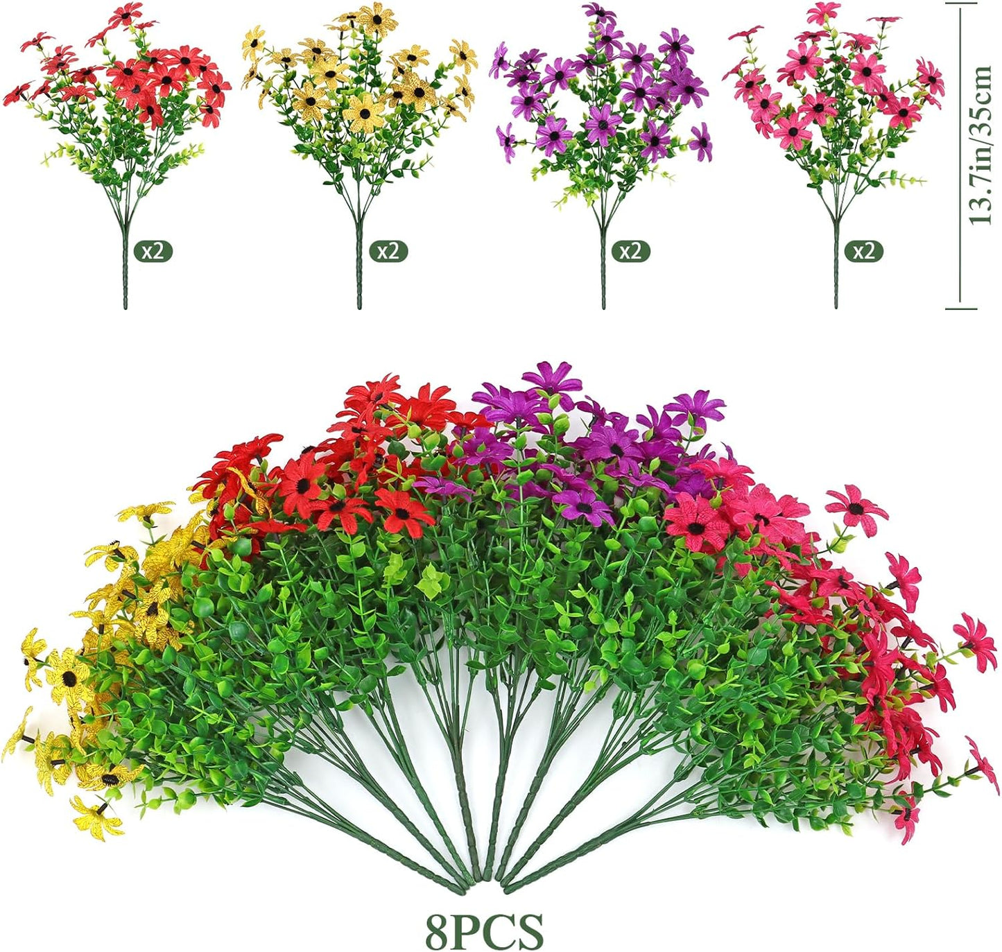 Weldomcor Artificial Flowers Plants for Outdoors 8 Bundles Fake Silk Colorful Daisy Spring Summer Decoration, Faux Greenery Boxwood UV Resistant Outside Decor for Home Garden Porch Yard Pots Planters