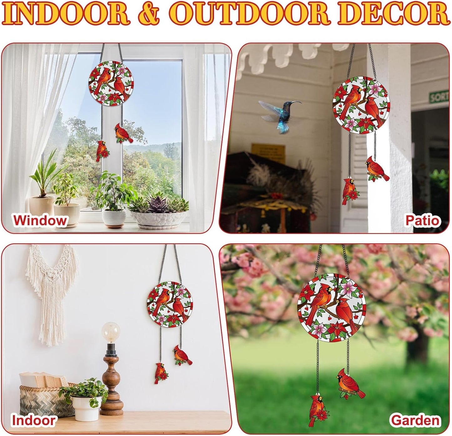 Cardinal Stained Glass Suncatcher for Window Hanging Birds 6.3" Staine