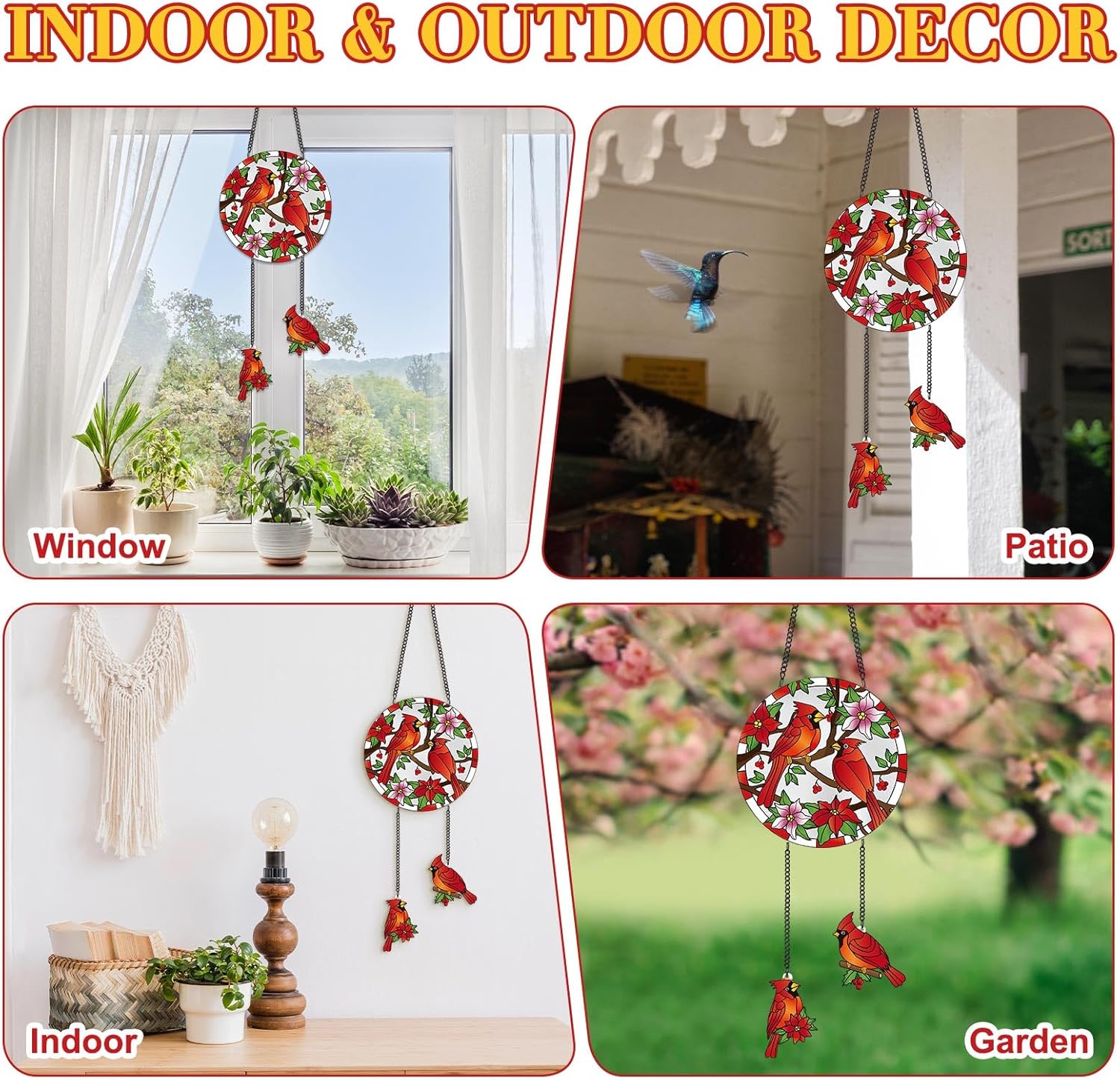 Cardinal Stained Glass Suncatcher for Window Hanging Birds 6.3" Staine