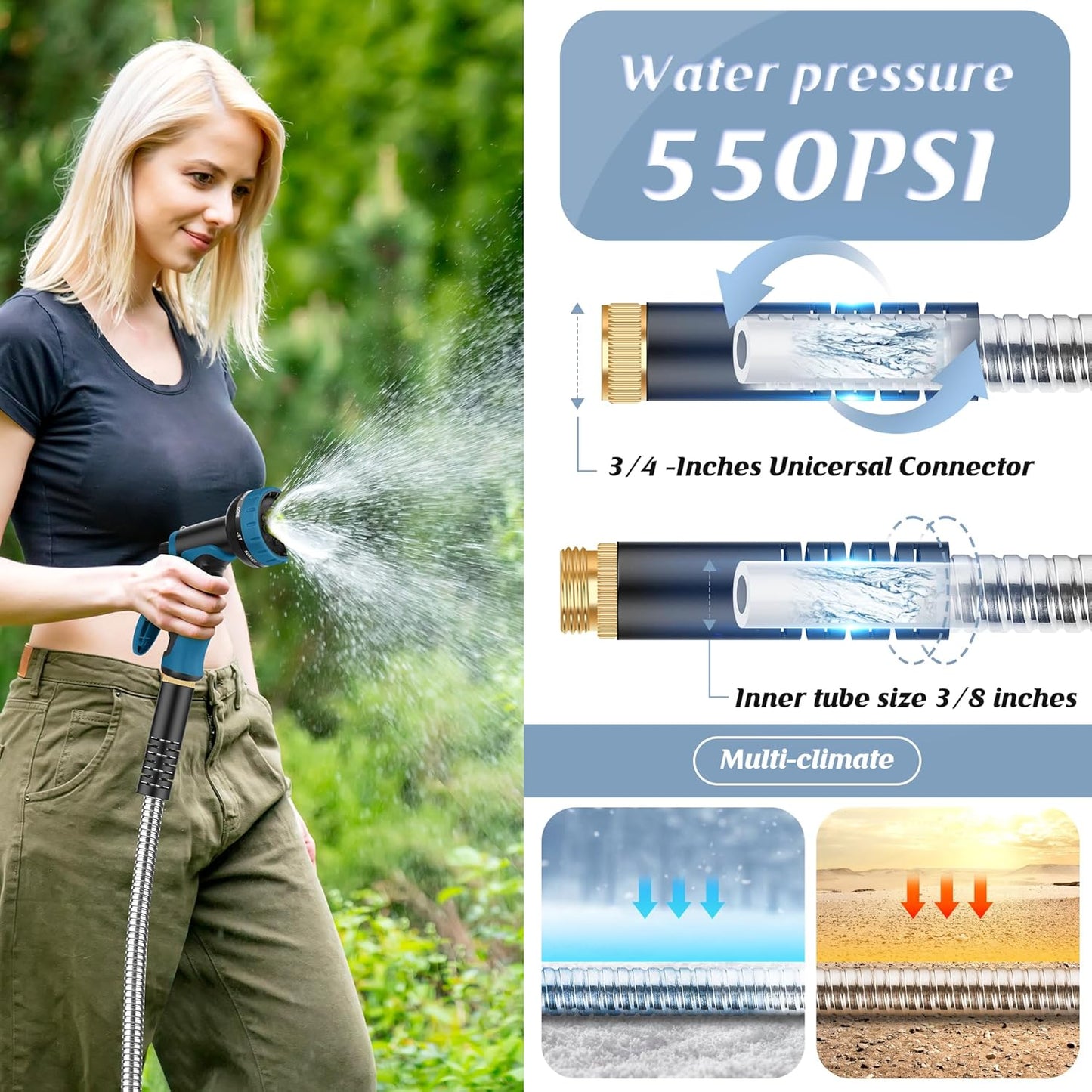 Garden Hose 100FT, Water Hose with 10 Function Nozzle, Garden Hose Met