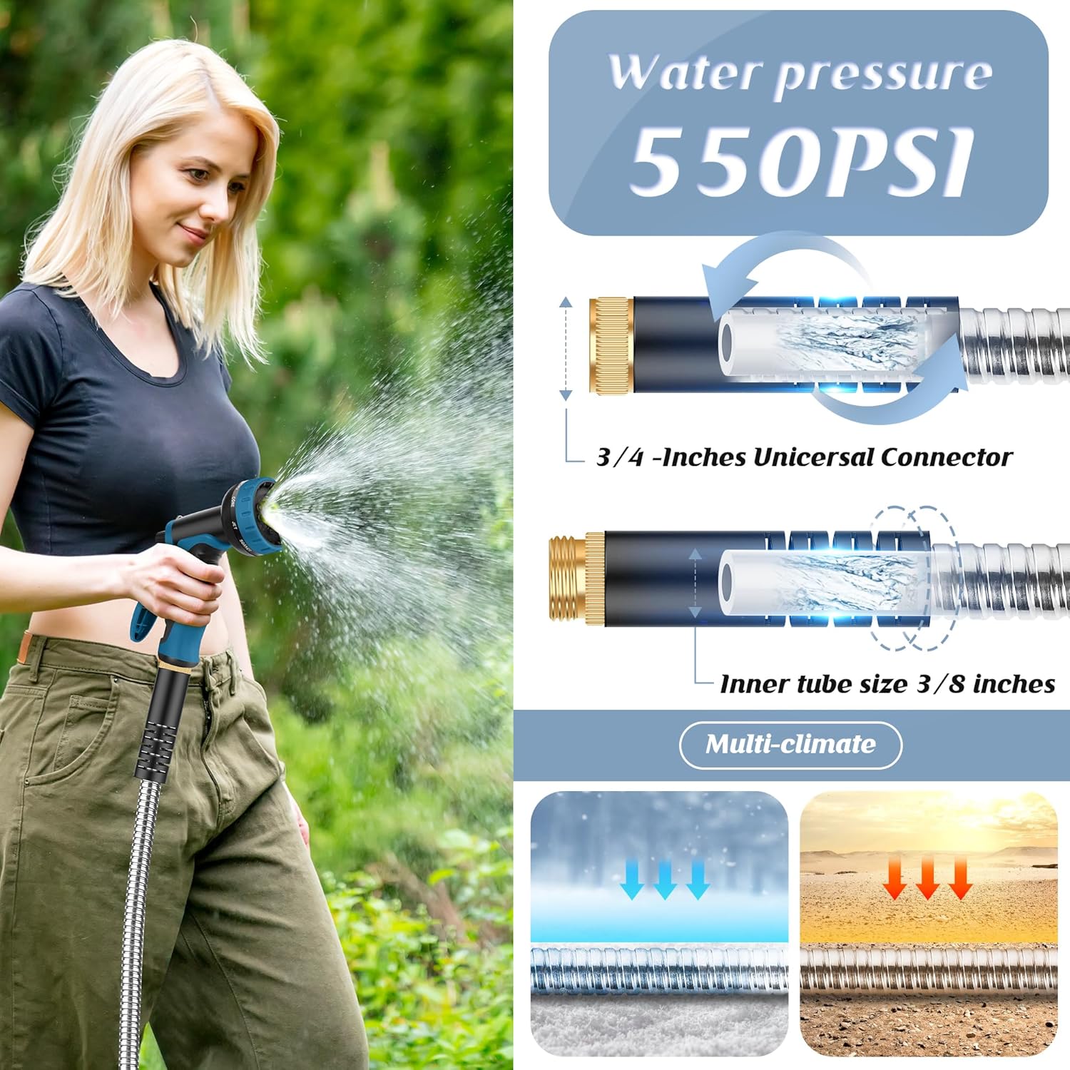 Garden Hose 100FT, Water Hose with 10 Function Nozzle, Garden Hose Met