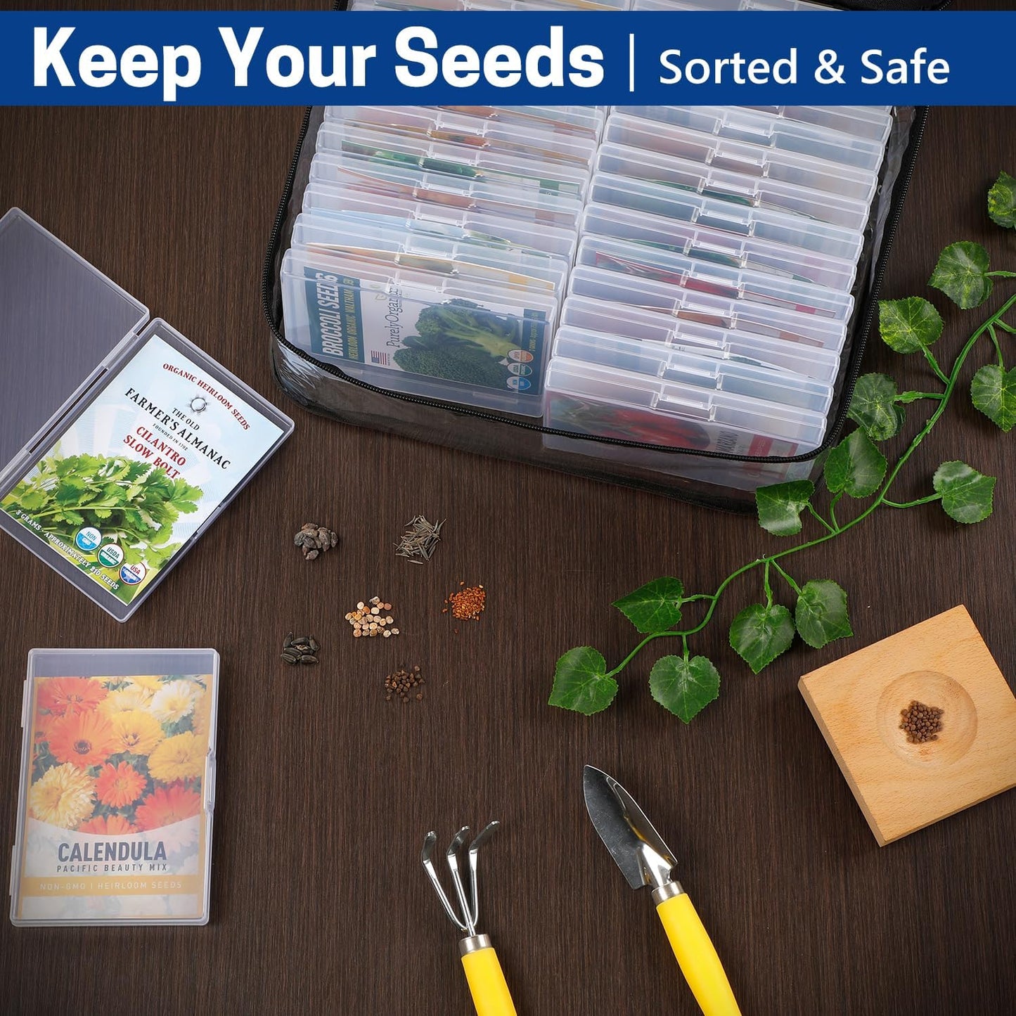 28 Slots Seed Storage Organizer Box with Clear Zipper Bag, Garden Seed Containers for Flower Vegetable Plants, Photo & Card Storage Case