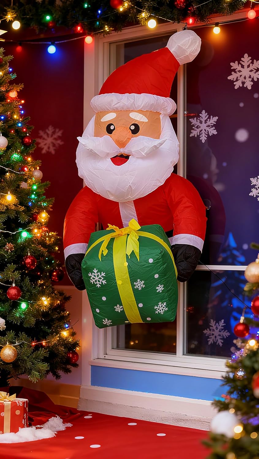 3.5FT Window Inflatble Decor- Christmas Santa Claus with Green Gift Bo