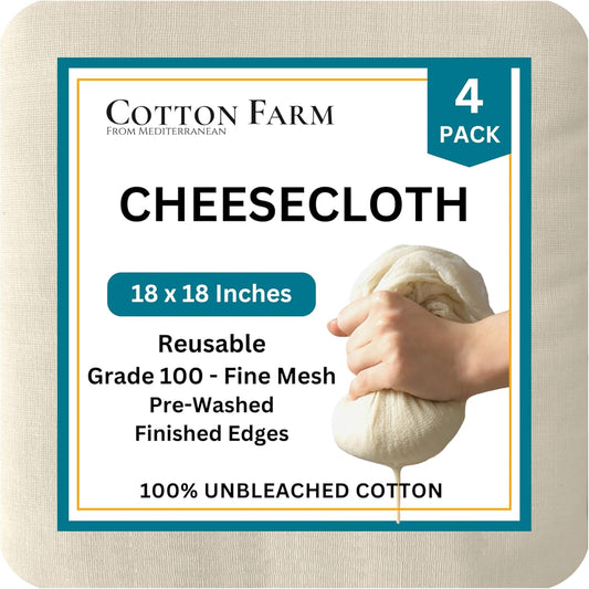 Cotton Farm Grade 100 Cheese Cloths for Straining & Cooking, 18 × 18 Inch, 100% Unbleached Cotton Cheesecloth, Butter Muslin, Finished Edge, Reusable & Pre-Washed