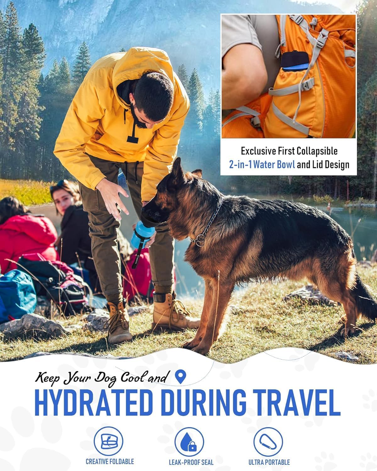 lesotc Dog Water Bottle, Portable Water Dispenser with Bowl, Leak Proo