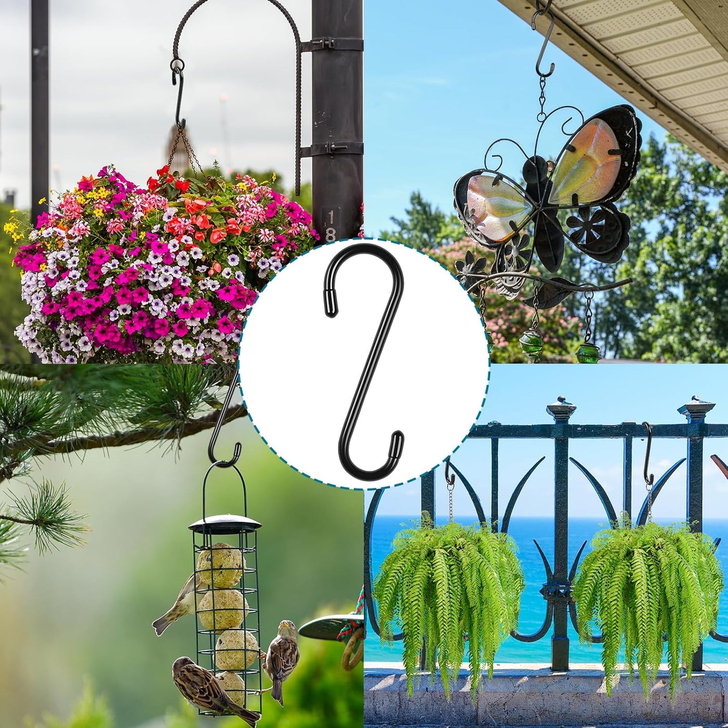 12 Pack Heavy Duty S Hooks, Vinly Coated 6 Inch Large Metal S Hooks for Hanging Plants, Non Slip Black Hanger Hooks for Closet Hanging Jeans, Baskets, Lights, Pot, Pans, Cups, Bird Feeder
