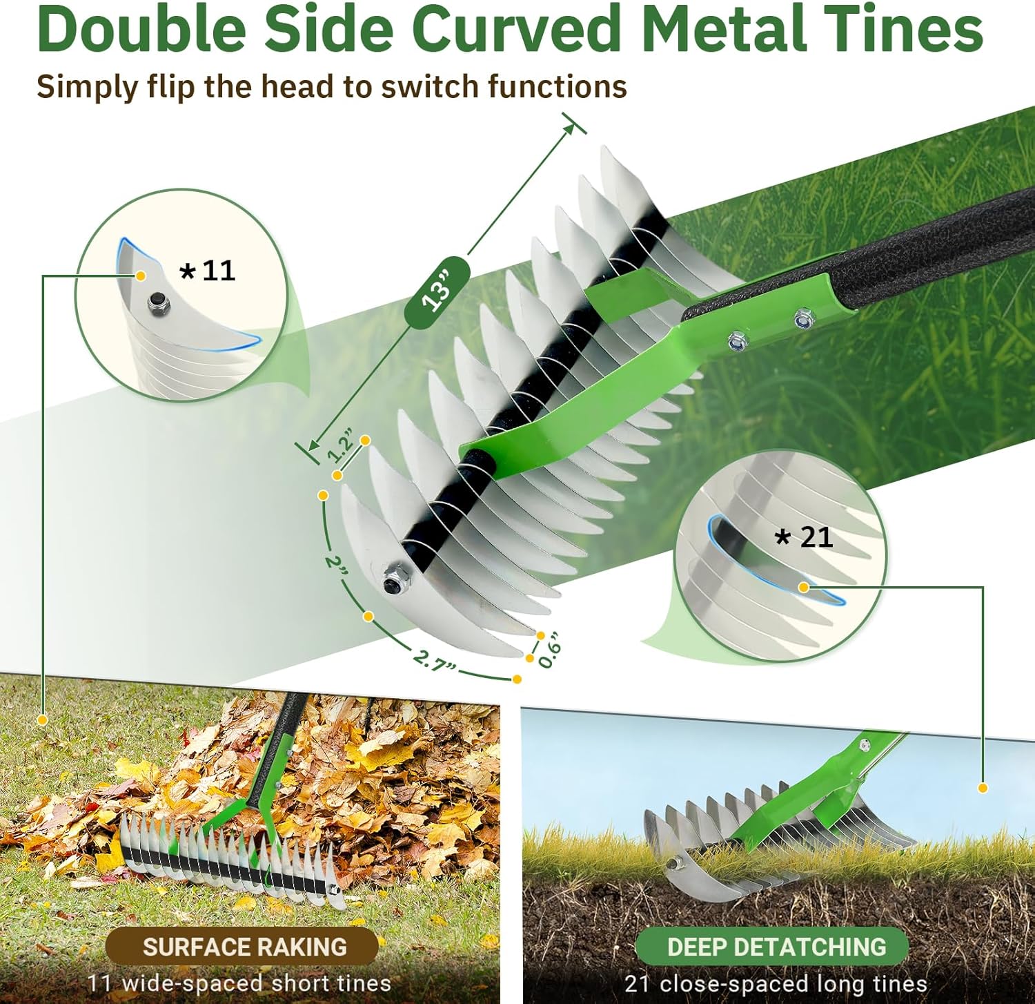 Thatch Rake, 13" Wide Efficient Dethatcher Rake with 55" Adjustable Lo