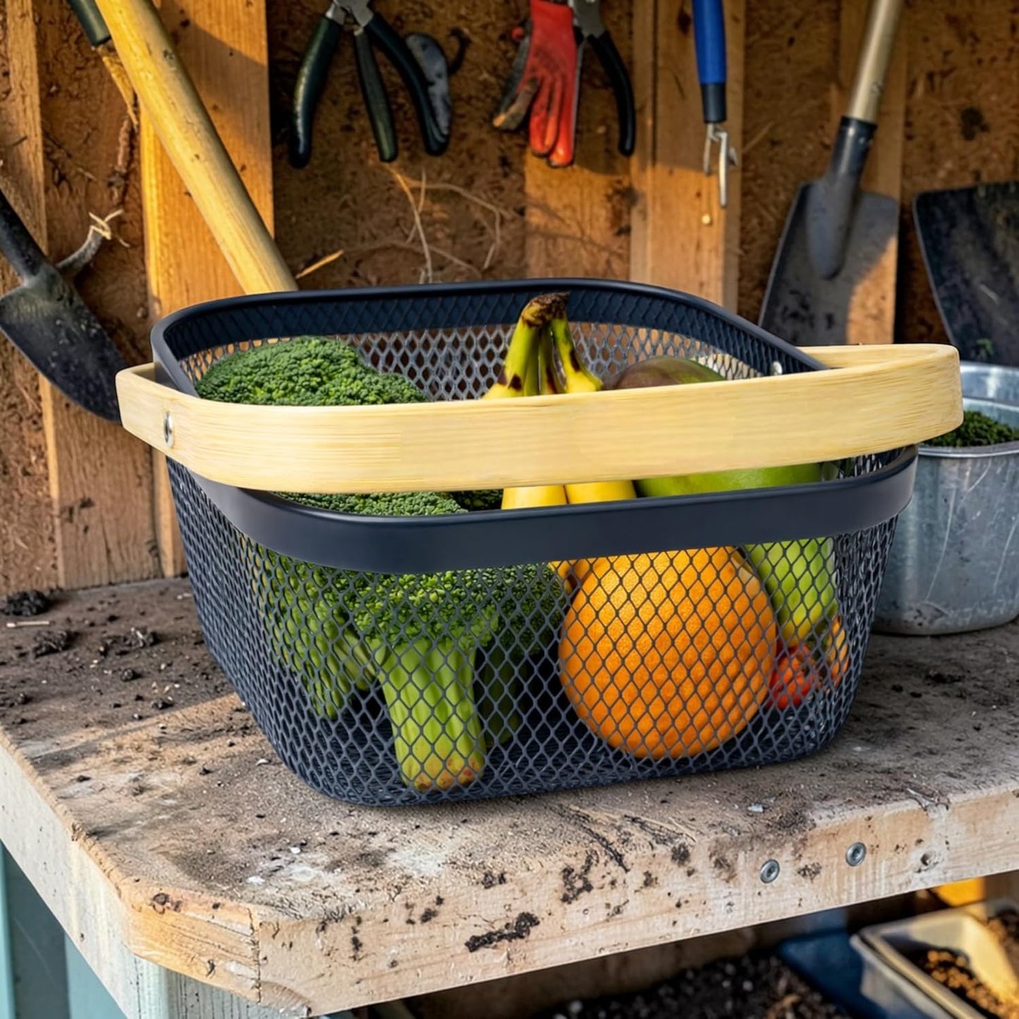 Garden Harvest Basket Gray Mesh Vegetable Hod with Bamboo Handle – Garden Baskets for Harvesting Fruits Vegetables Herbs, Durable Metal Wire Design for Gardeners (Gray Mesh Basket)