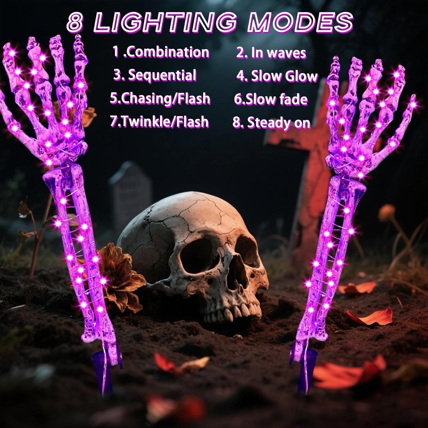 Halloween Solar Skeleton Arm Stakes with 100 Purple LED Lights, Scary LED Bone Hands with 8 Lighting Modes for Pathway Garden Outdoor Decorations