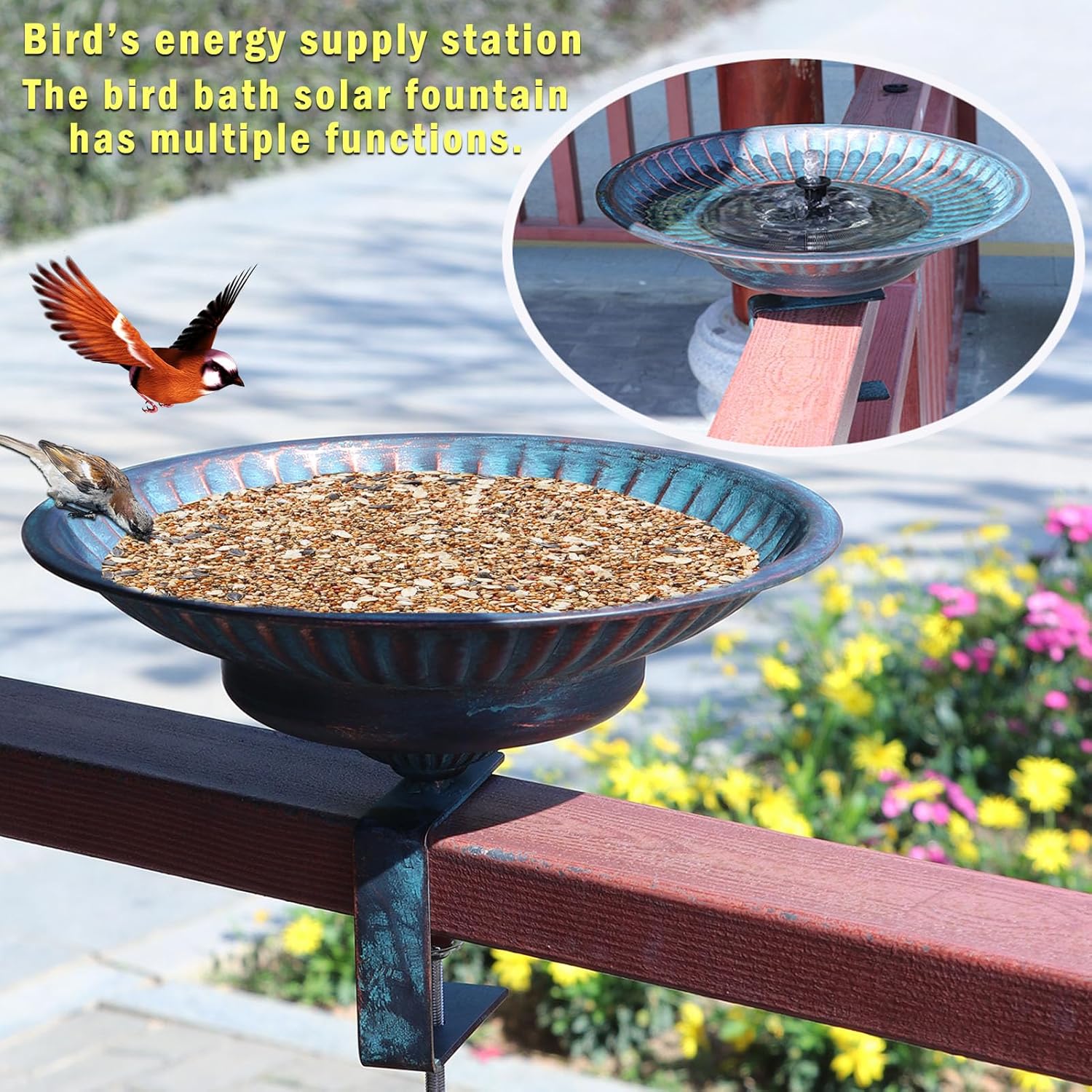 Solar Bird Bath,Deck Bird Bath with Solar Fountain,Metal Bird Bath Bub