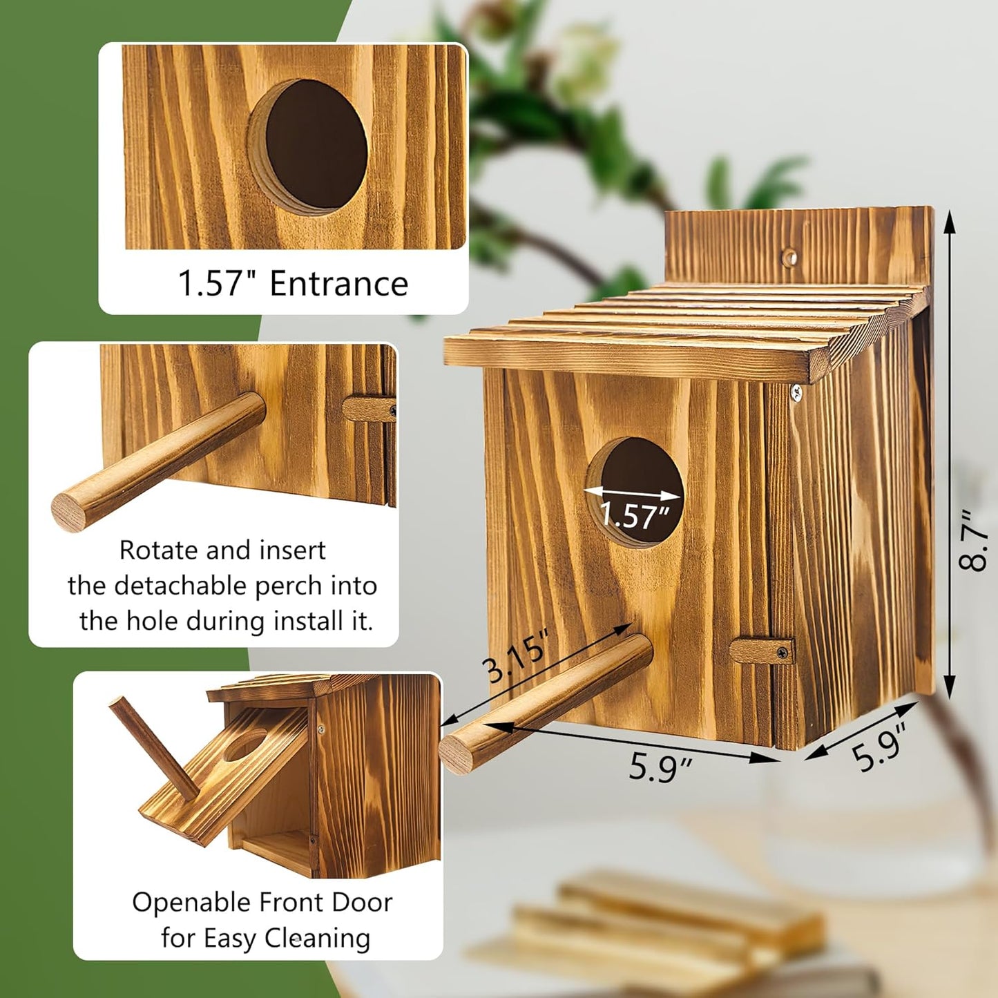1 Pack Bird Houses for Outside,Wooden Wren Birdhouse with Detachable Perch,Finch Bluebird Houses Hanging Birdhouse for Outdoors