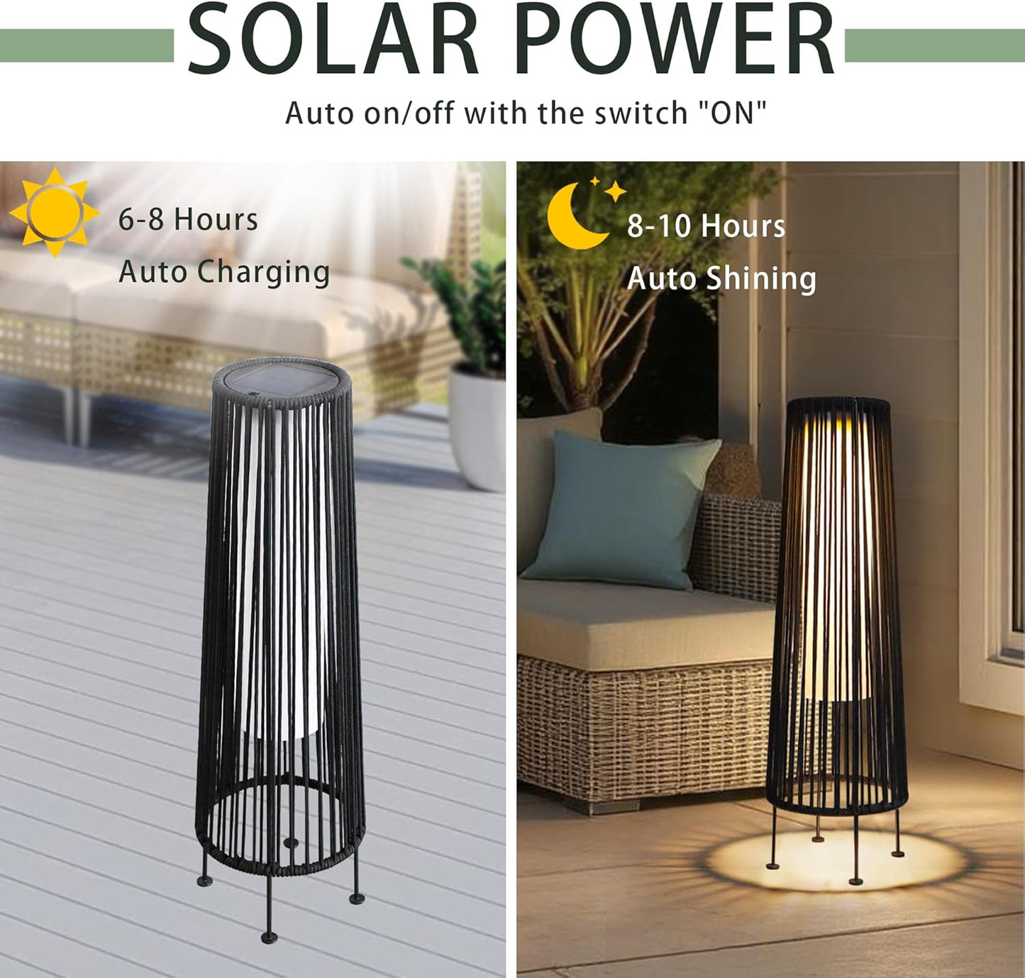 TRIROCKS Outdoor Floor Lamp 2 Piece Solar Powered Lantern Wicker Solar Patio Lamp with Olifen Rope Waterproof Rattan Outside Solar Deck Light for Patio Garden Lawn Yard (Black)