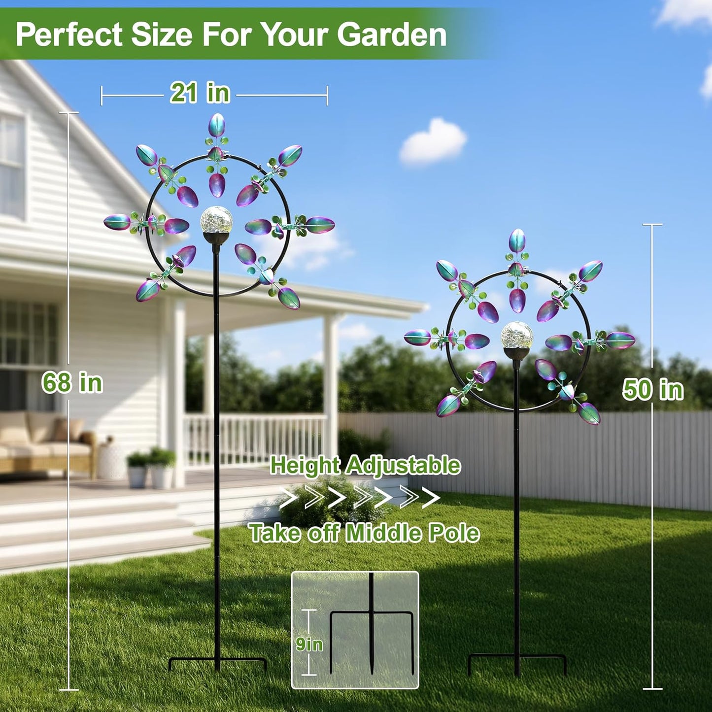 Large Peacock Solar Wind Spinner Outdoor - Metal Kinetic Sculptures wi