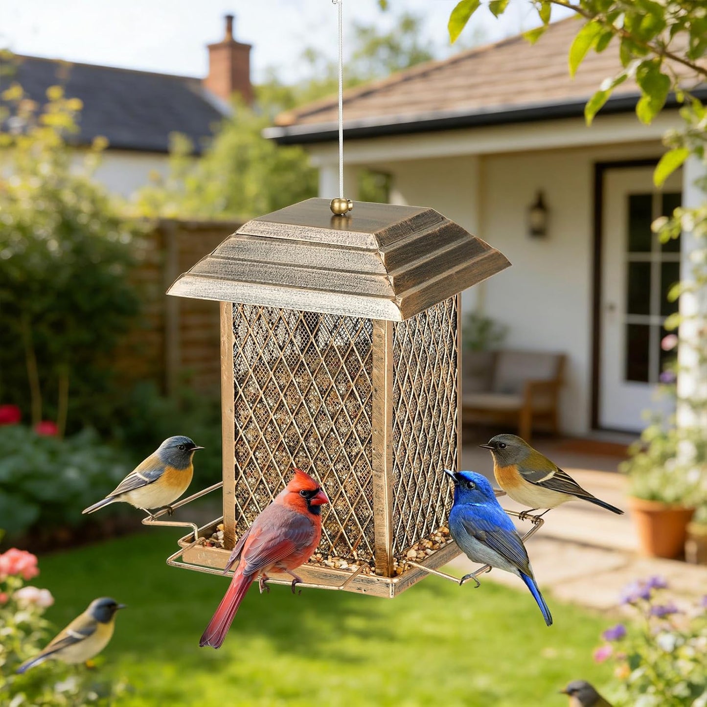Bird Feeder, Heavy Duty Metal Bird Feeders for Outdoor Hanging, Large Capacity Wild Birdfeeder Lantern Shape Hold 4 LB Seed, Easy to Fill