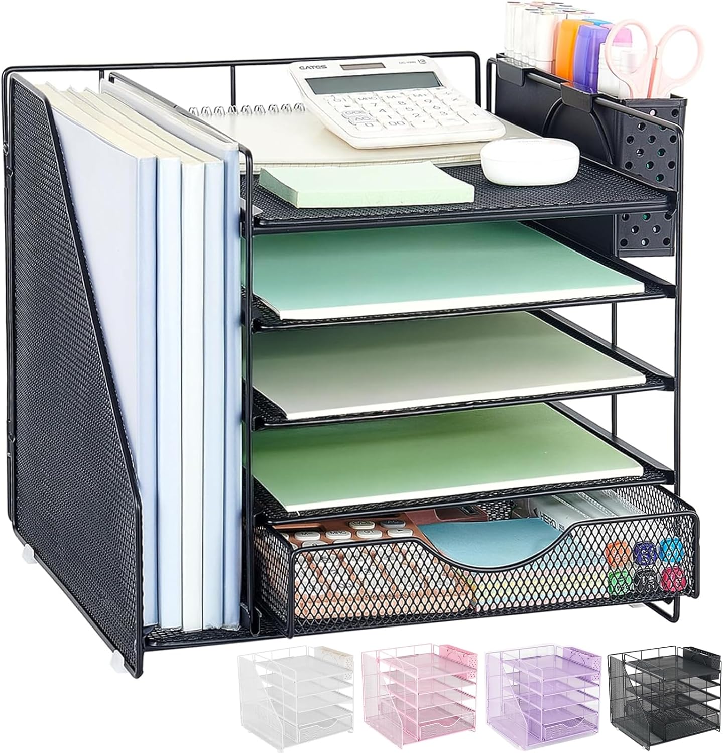Desk Organizer with Drawer and Pen Holder, 5-Tier Paper Letter Tray Or
