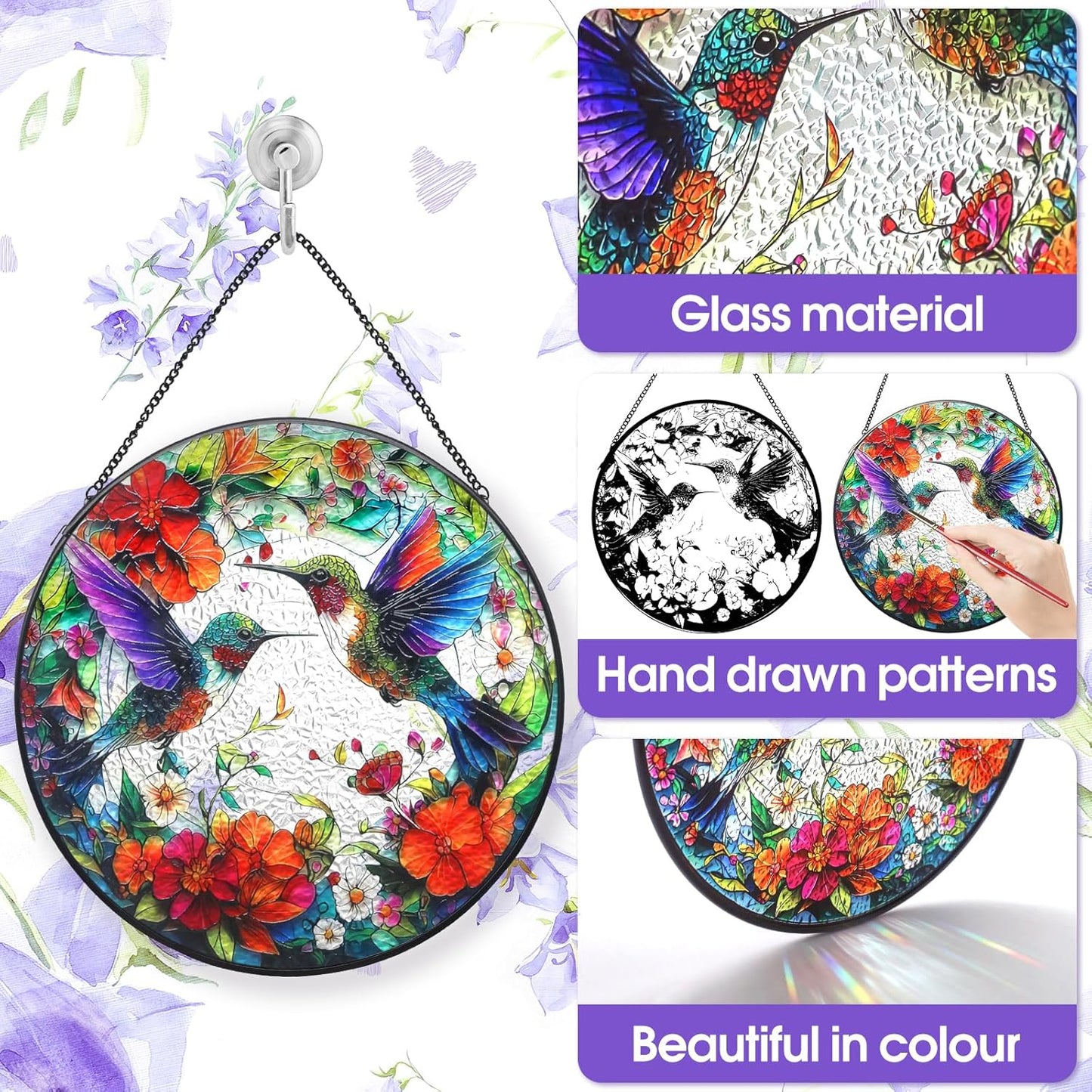 Hummingbird Suncatcher Stained Glass Window Hanging Set, 7.8 Inch Sun 