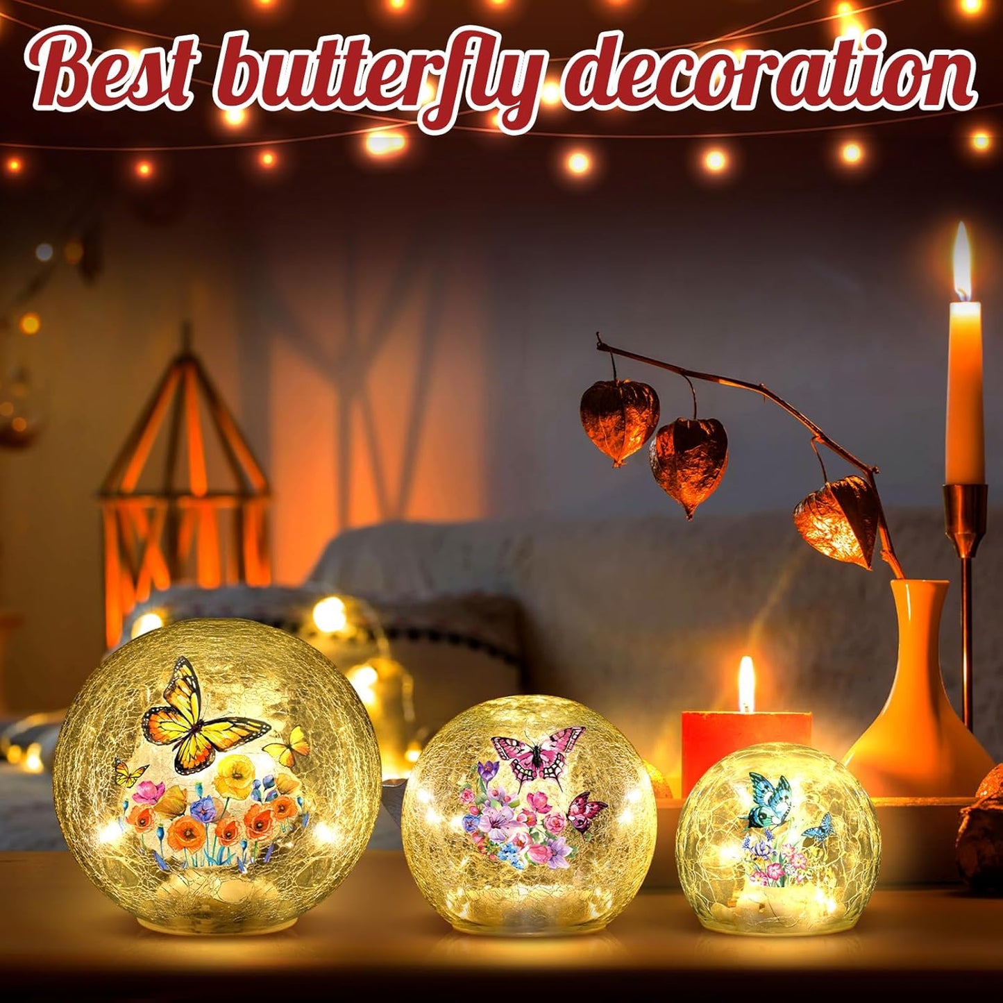 3pcs Spring Crackle Glass Ball Lights - Butterfly Ball Lamp Ornaments 