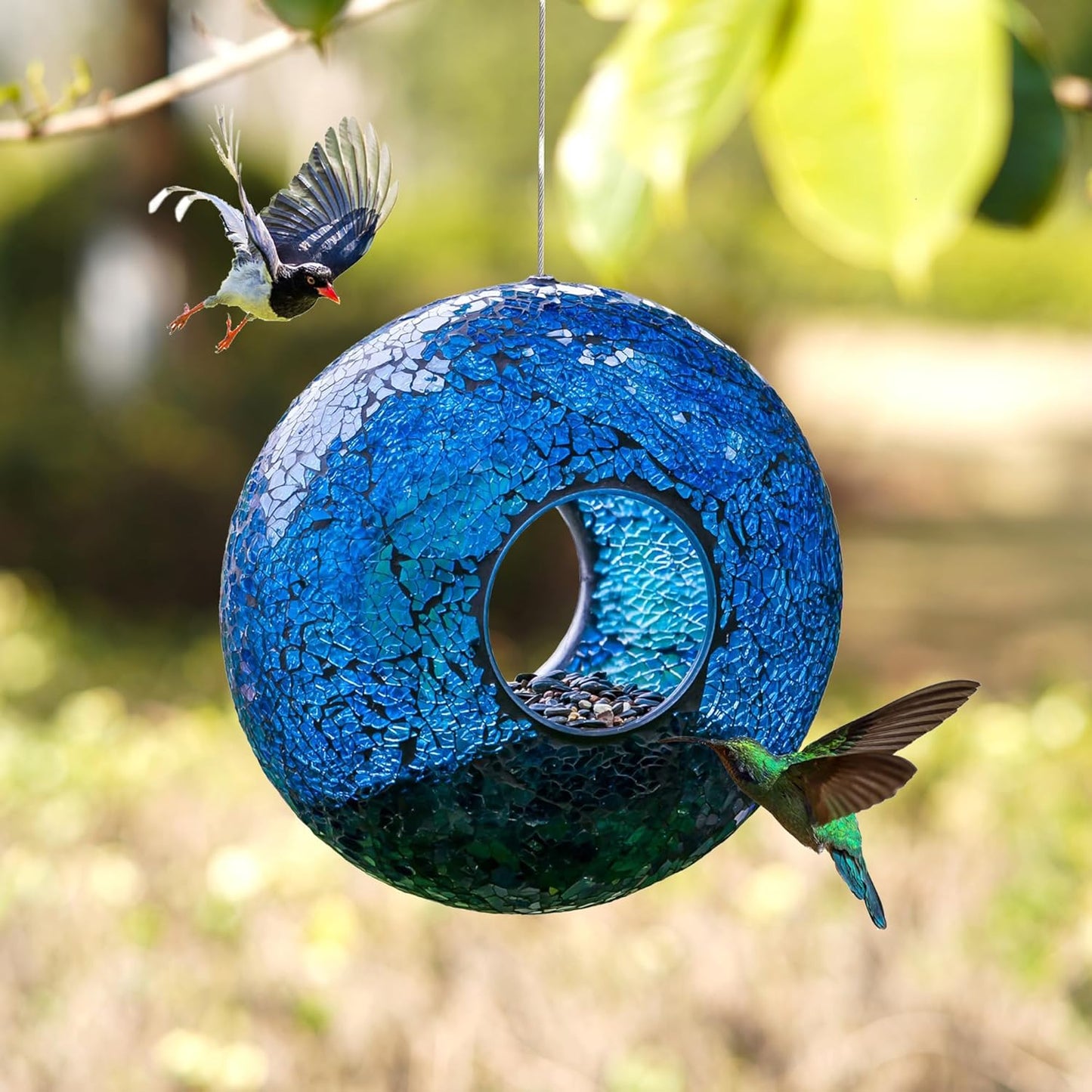 Topadorn Bird Feeder Fly Through Mosaic Round Stained-Glass Birdfeeder
