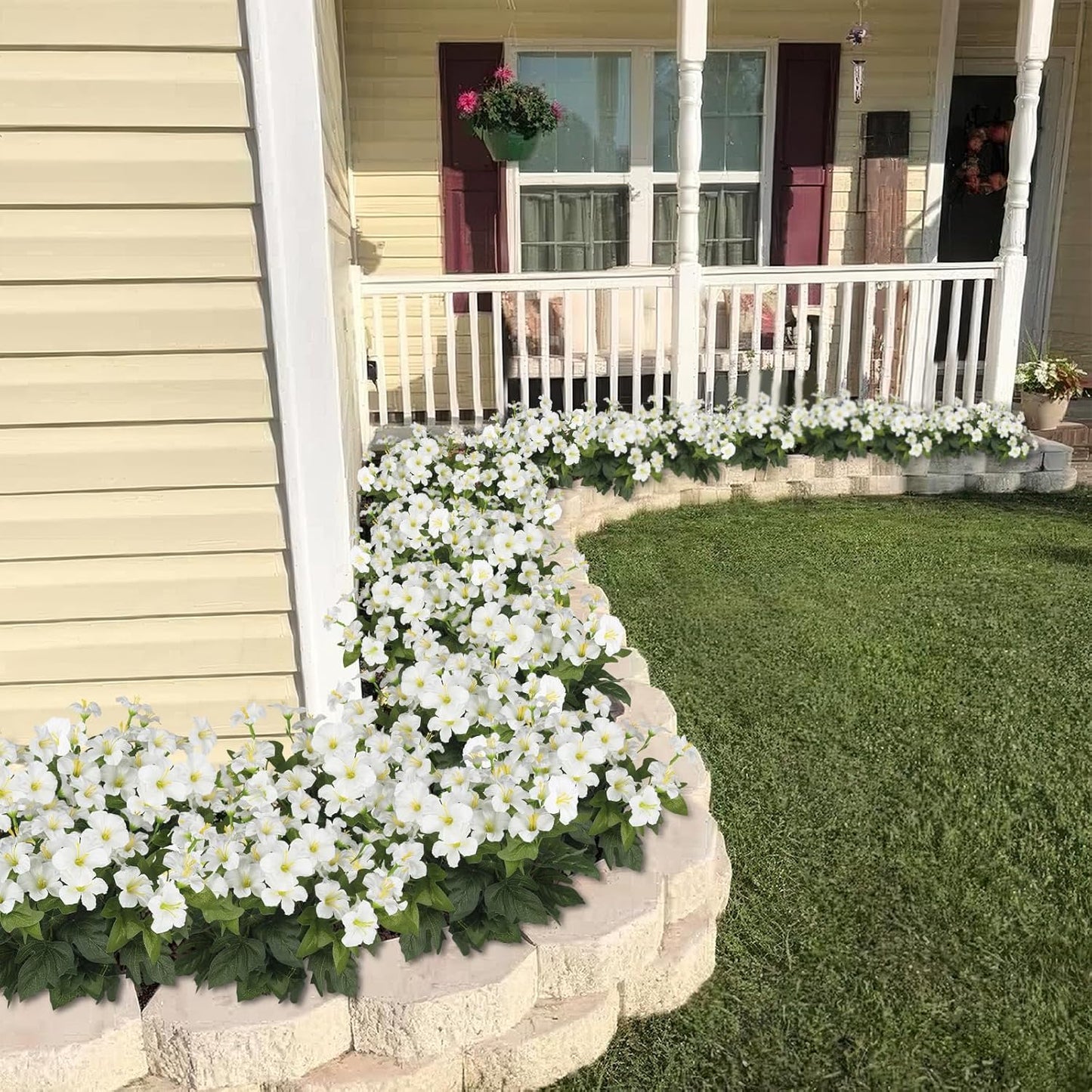 2 Pcs Artificial Flowers for Outdoors Fake Petunias Plants Outside Indoor White Silk Morning Glory UV Resistant Realistic Faux Tropical Flowers for Planter Porch Patio Yard Garden Window