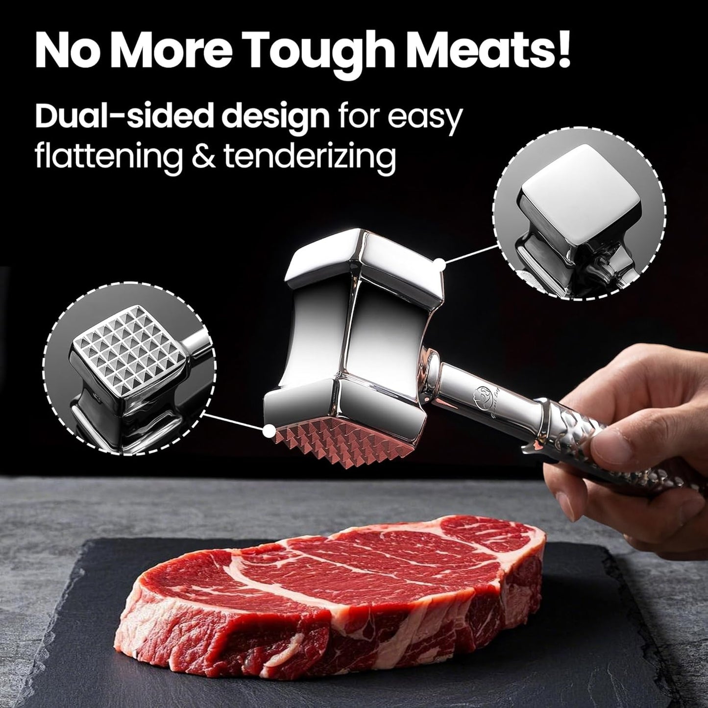 Stainless Steel Meat Tenderizer Tool, Premium Meat Mallet with Non-Sli