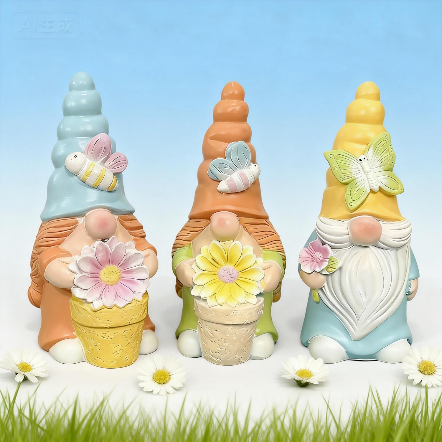 Set of 3 Garden Gnomes with Flower | Spring Decorations for Home, Indo