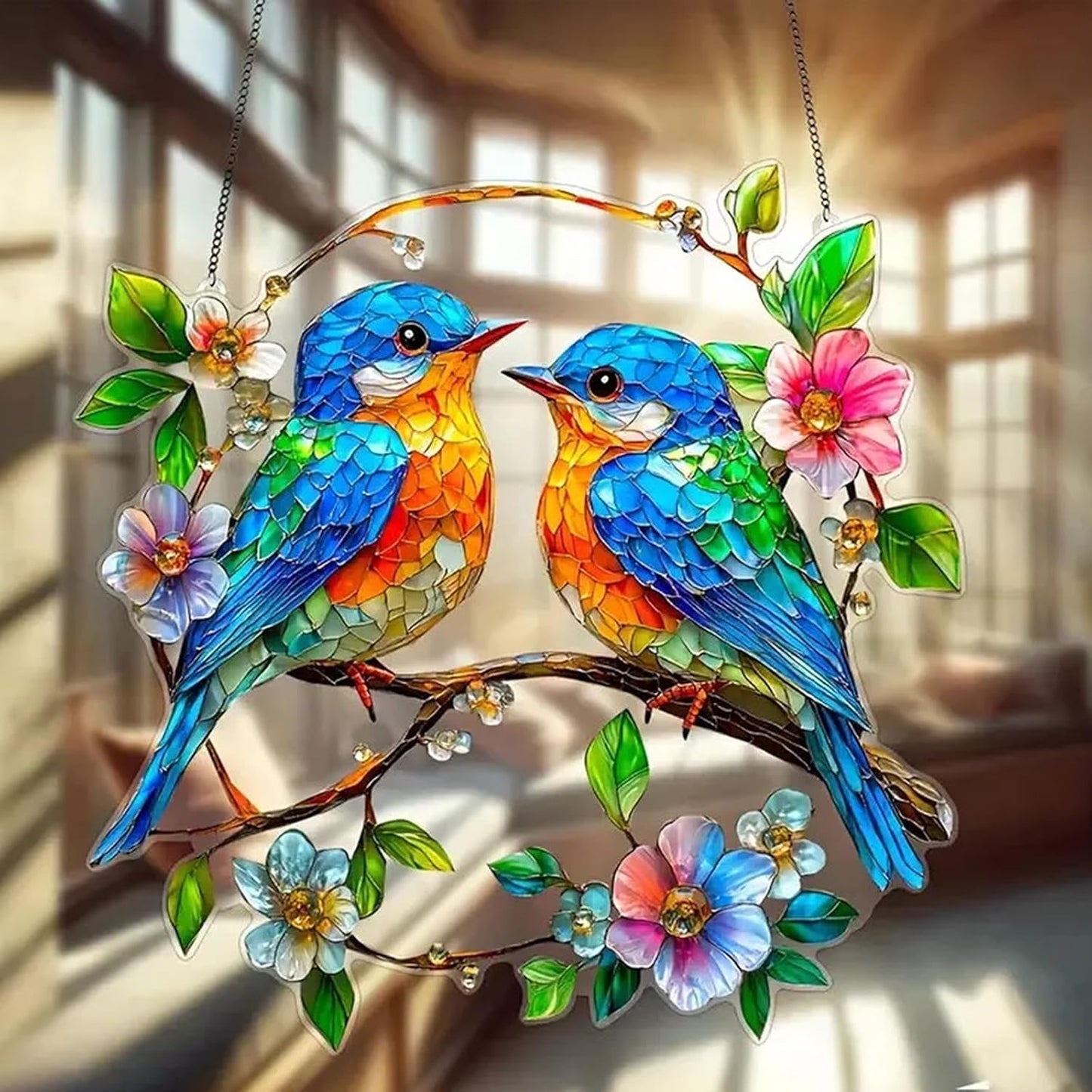 Hummingbird on Branch Suncatcher Stained Glass Window Hanging Hand-Painted Double Side Stain Glass Cardinal Gifts Sun Catcher