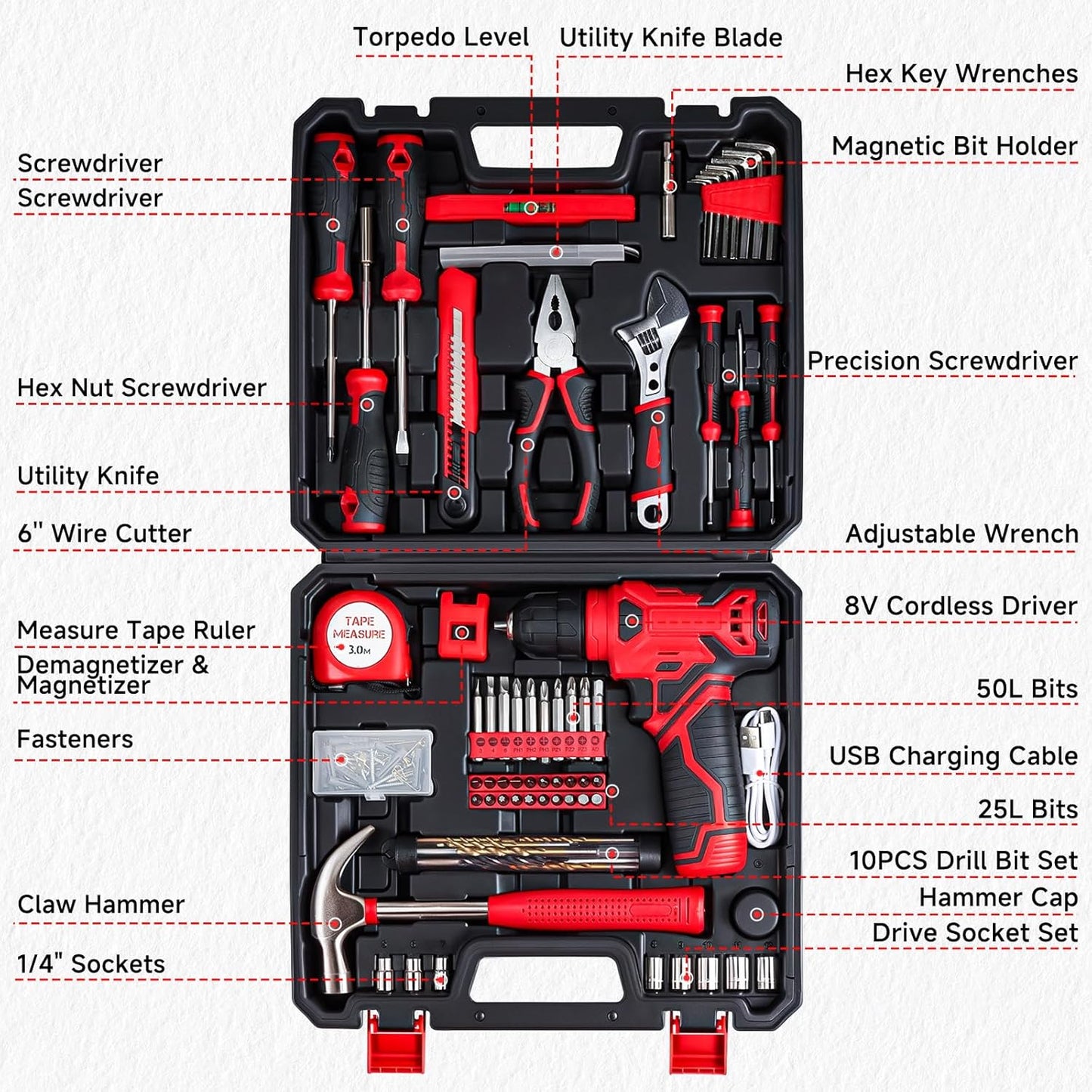 Tool Set - 8V Cordless Drill Set, 132 Piece Home Tool Set With Hand Dr